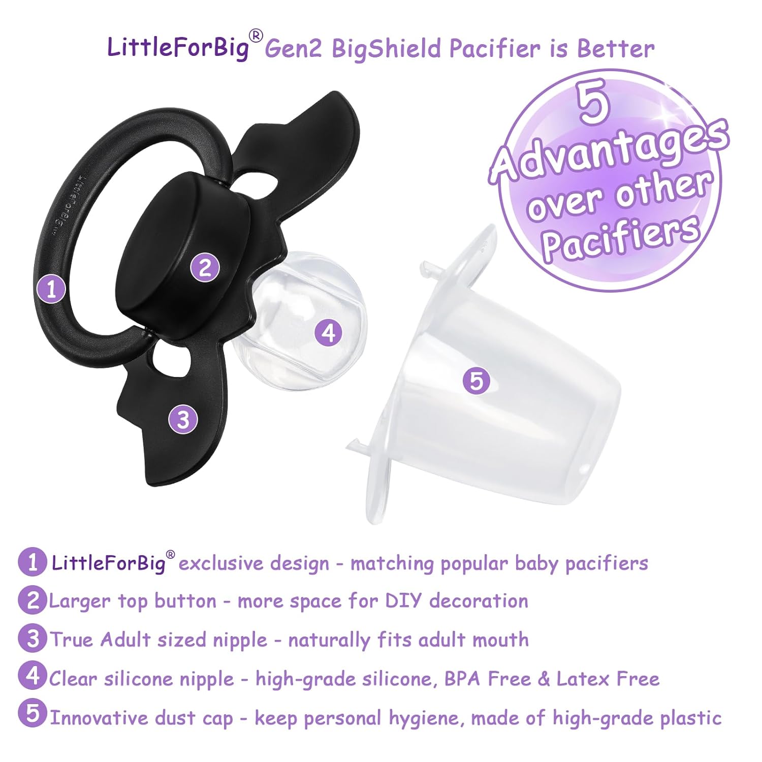 LittleForBig Bigshield Generation-II Adult Sized Pacifier - Baby Bat Pacifier Black - Image 2