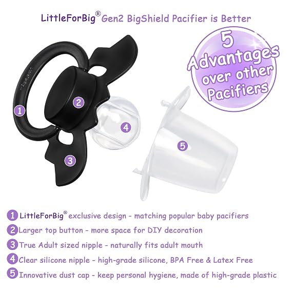 LittleForBig Bigshield Generation-II Adult Sized Pacifier - Baby Bat Pacifier Black