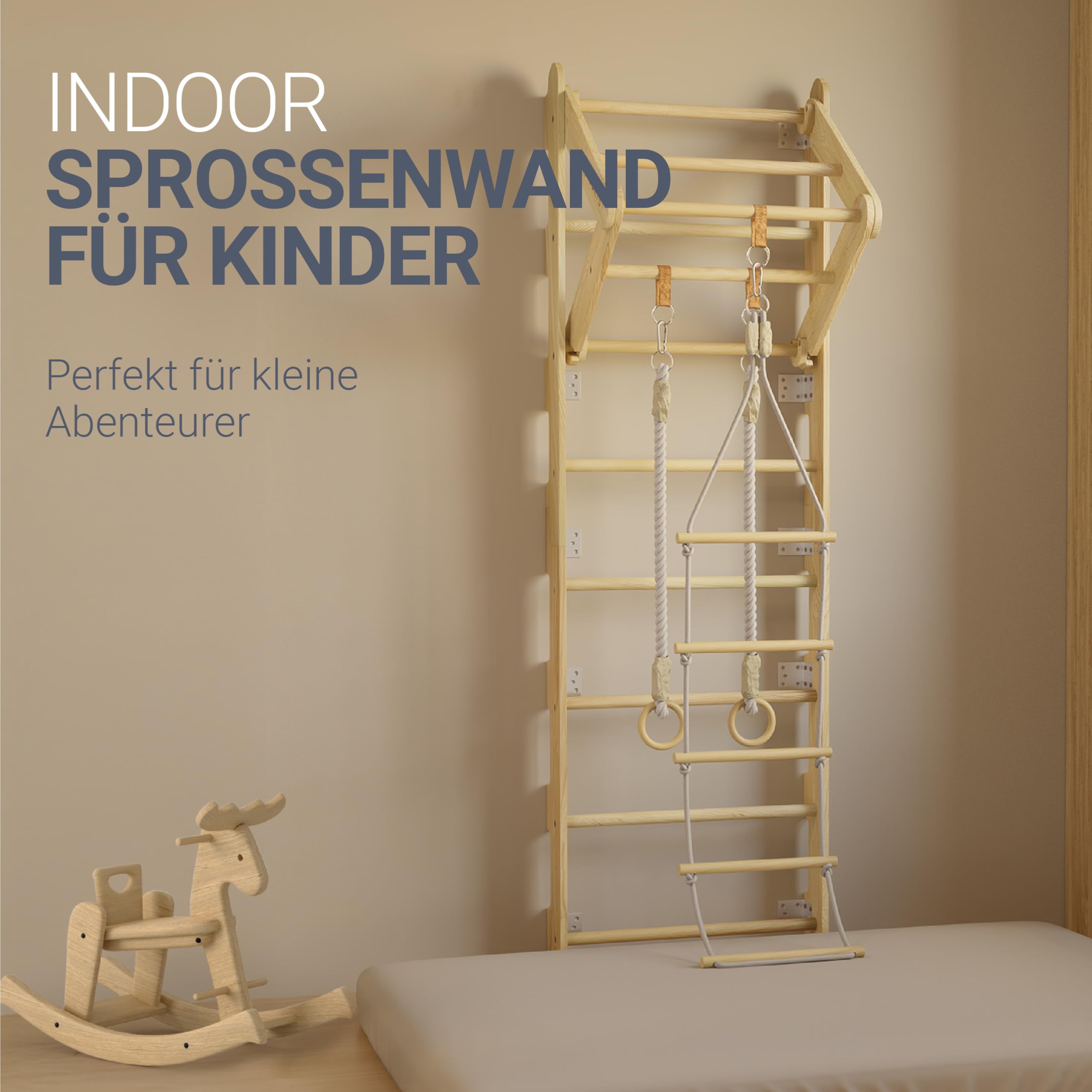 Juskys® Sprossenwand für Kinder - mit Klimmzugstange, Indoor Klettergerüst mit Turnringen und Strickleiter, Kletterwand fürs Kinderzimmer, Turnstange
