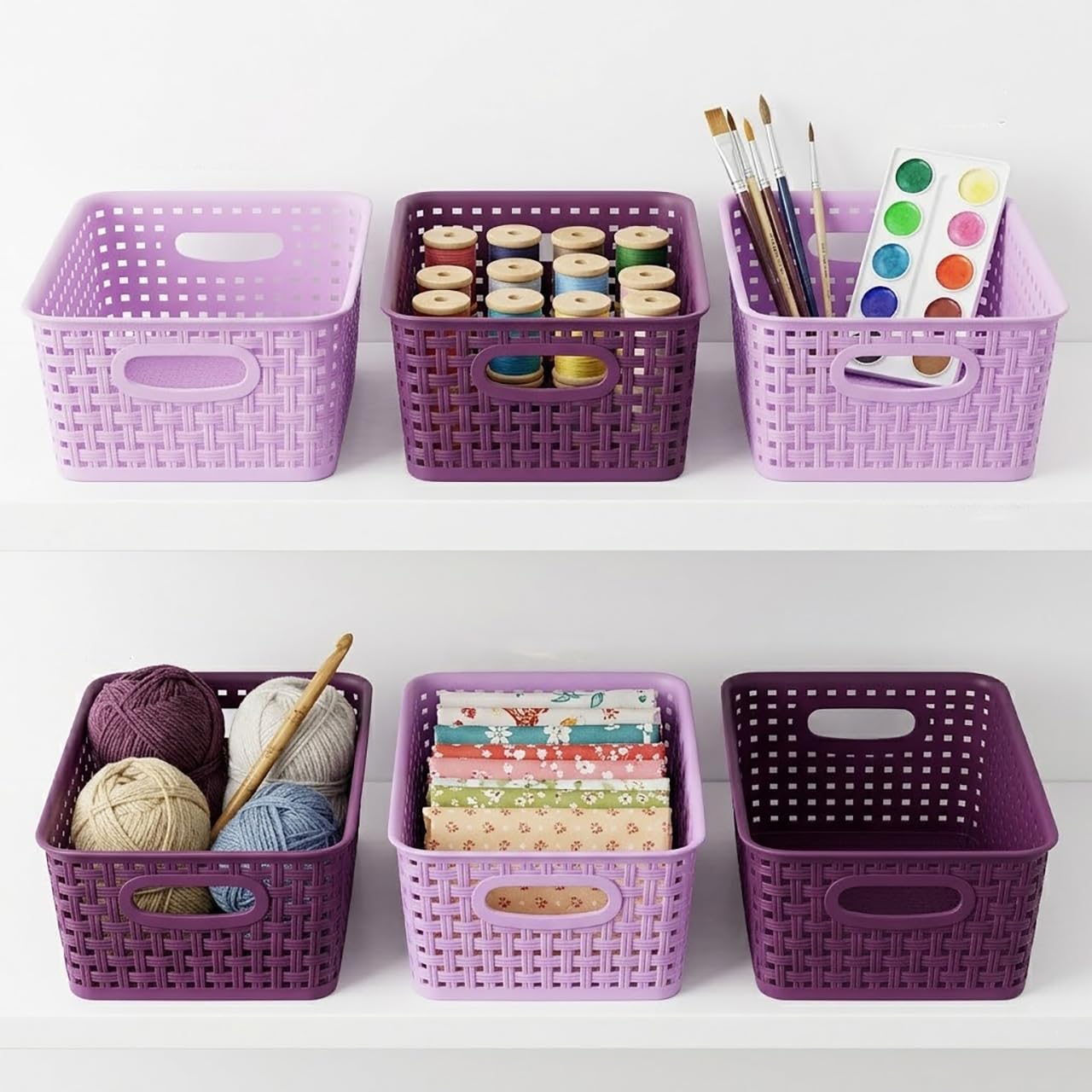 6-Pack Small Baskets, Purple Plastic Open Storage Weave Basket Versatile Shelf Organizer Woven Baskets for Home and Pantries, Dark Purple&Light Purple10x7.5x4 inch