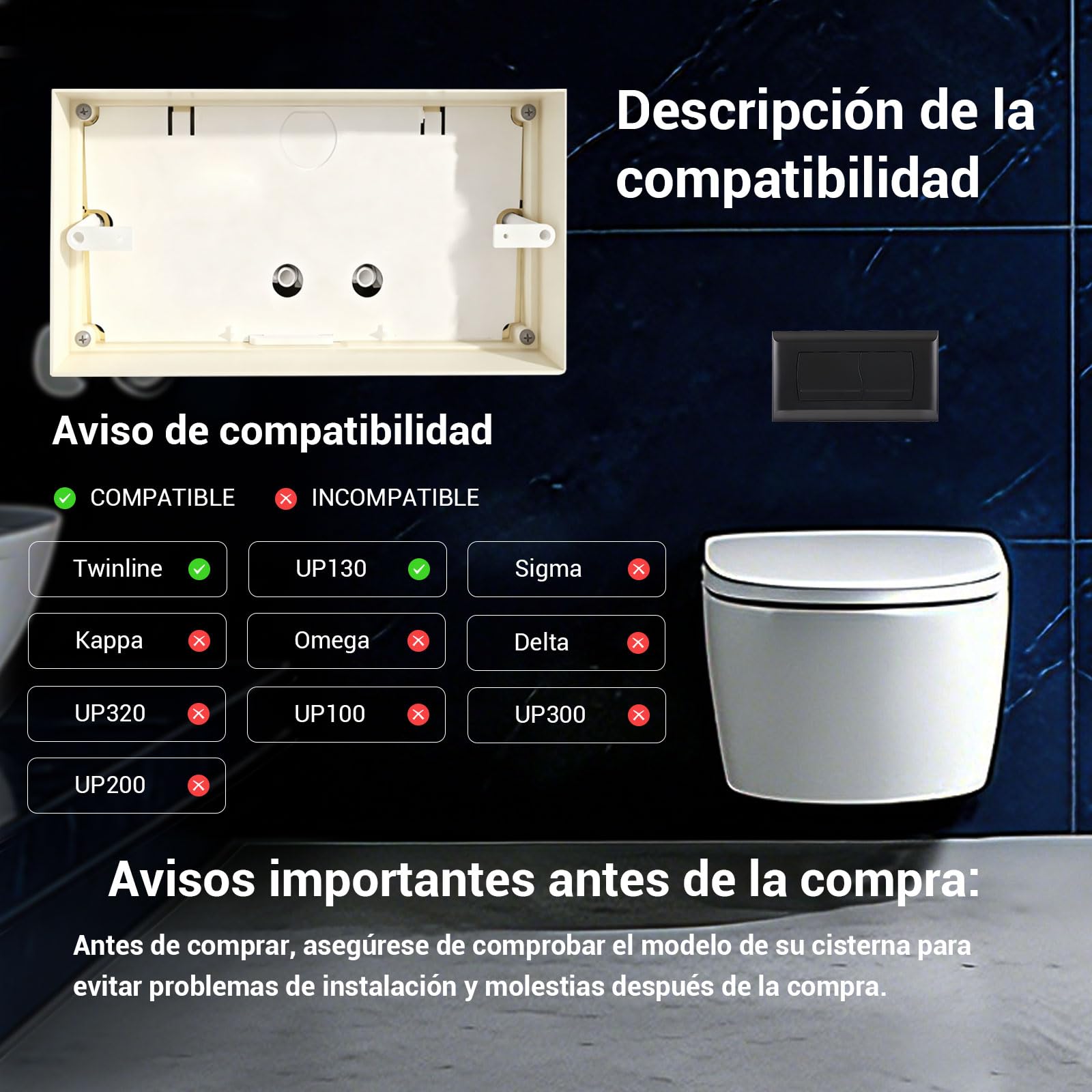 Empyreal Placa de Descarga para Cisterna de WC, Compatible con Geberit Twinline 30&UP130, Con el Kit de la Palanca de Descarga y Tornillos, Doble Función,340 x 185mm(Negro Mate)