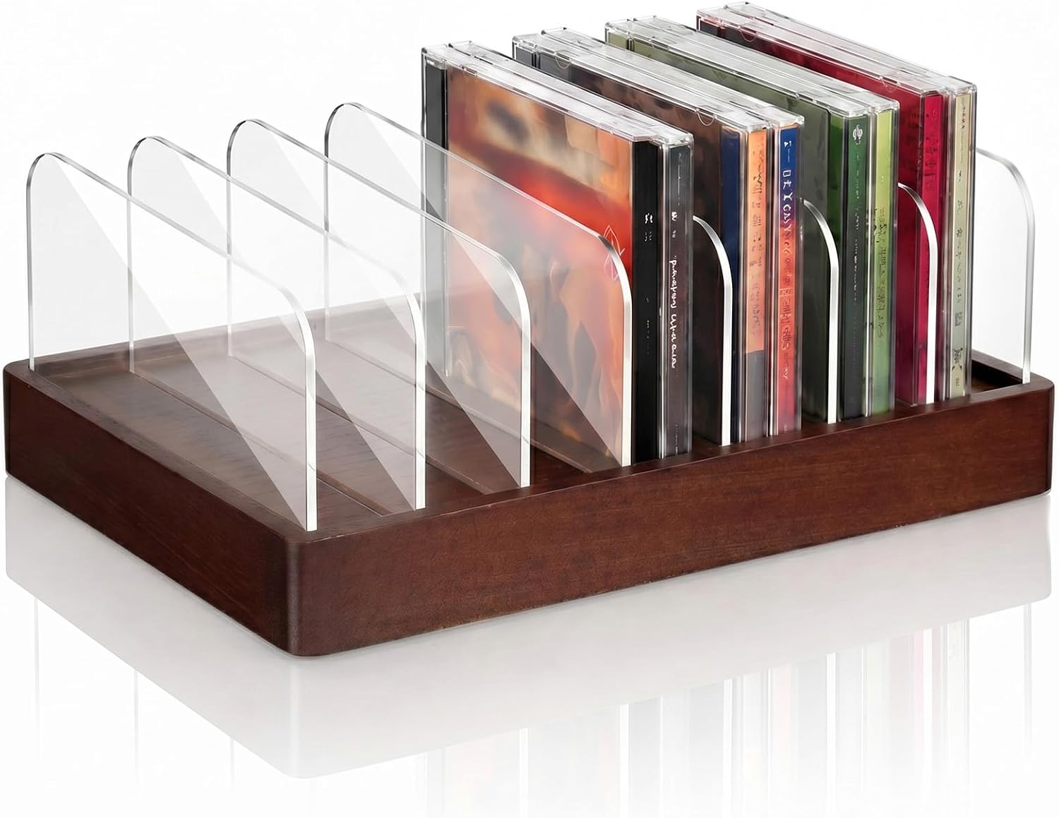 Wenqik Walnut Wood CD DVD Holder Clear Acrylic Storage Holds 14 Cases