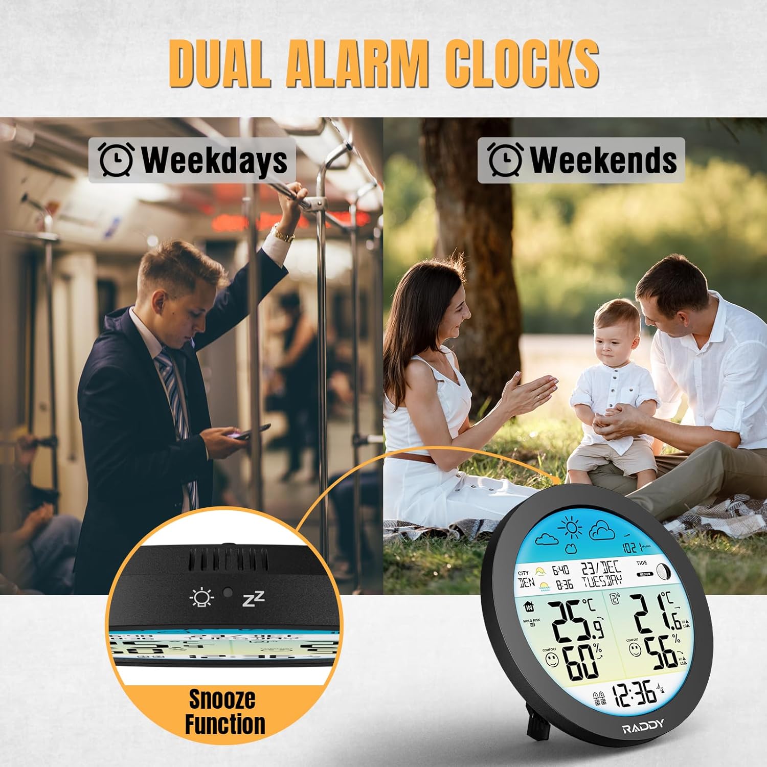 Raddy DT7 Weather Station with dual alarm clock feature
