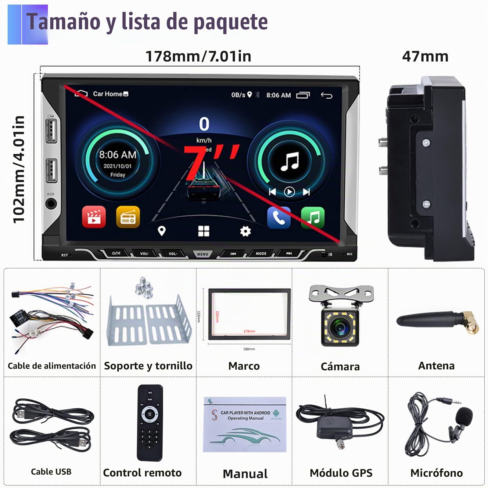 Radio Estéreo Coche 2 DIN Android 11 GPS Pantalla Táctil 7 Pulgadas Radio Mirror Link para iOS/Android Navi 2 DIN RDS, Bluetooth WiFi FM, con 6 Puertos USB + Cámara Trasera+ Cable ISO
