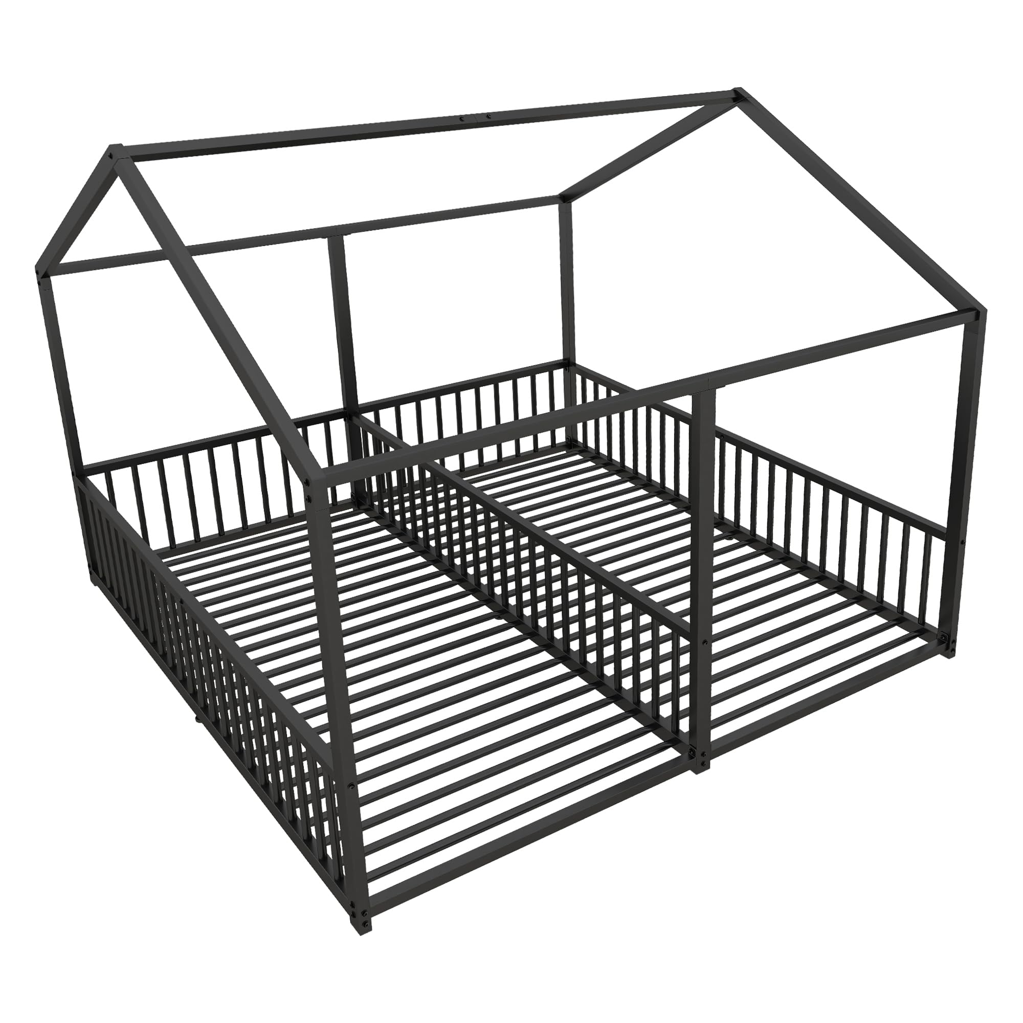 Dolamaní Bodenbett 180x200 cm 2 Kinder mit rausfallschutz, 90x200 cm Einzelbetten 2-in-1, Hausbett Metall Geschwister Bett, Kinderbett Bodentief (Schwarz B)