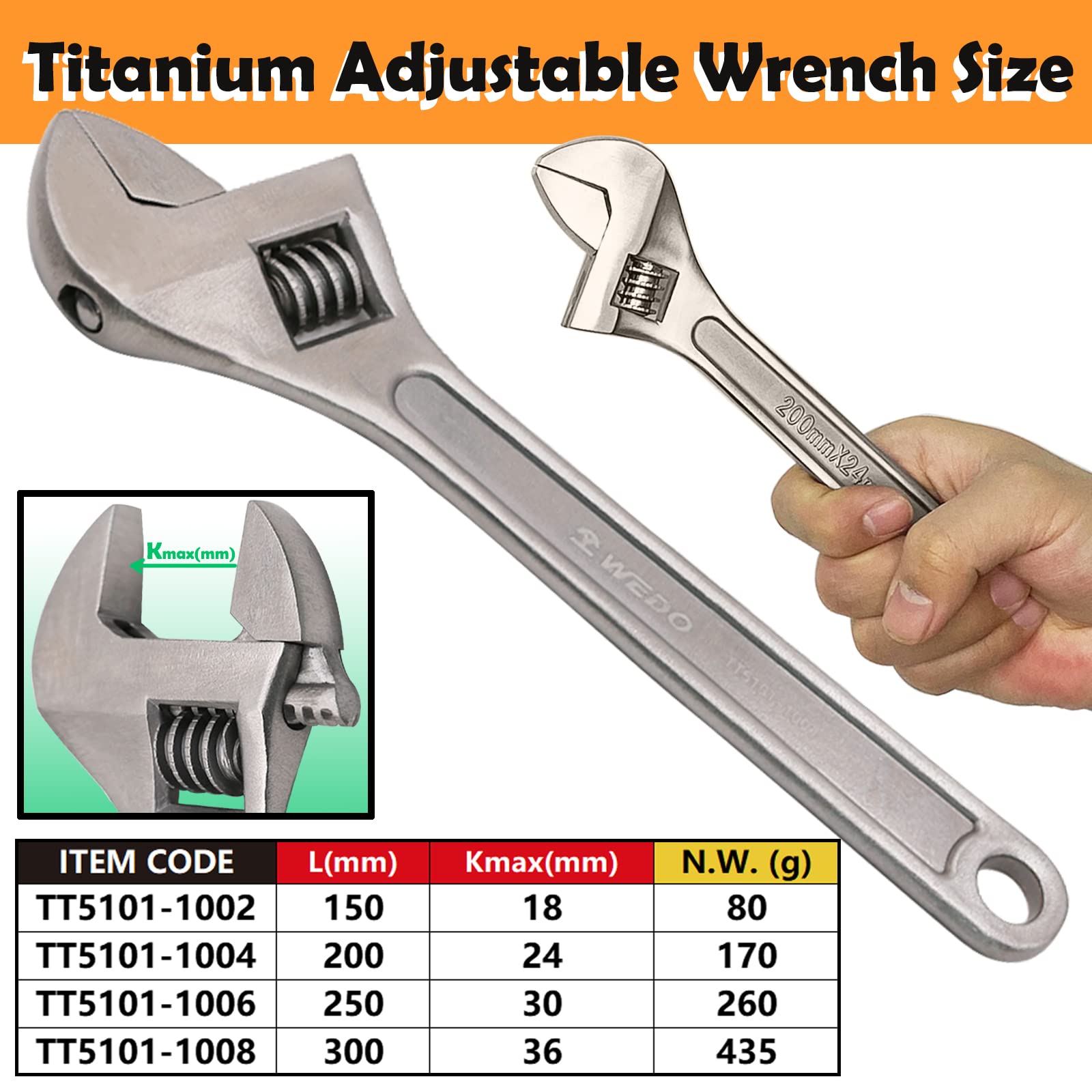 WEDO Llave inglesa ajustable - 300mm,titanio,Llave inglesa Profesional con Gran Apertura,Apertura Extra Ancha de 36mm,antimagnético,se aplica en aeroespacial, marino, biomédico, químico, petroquímico