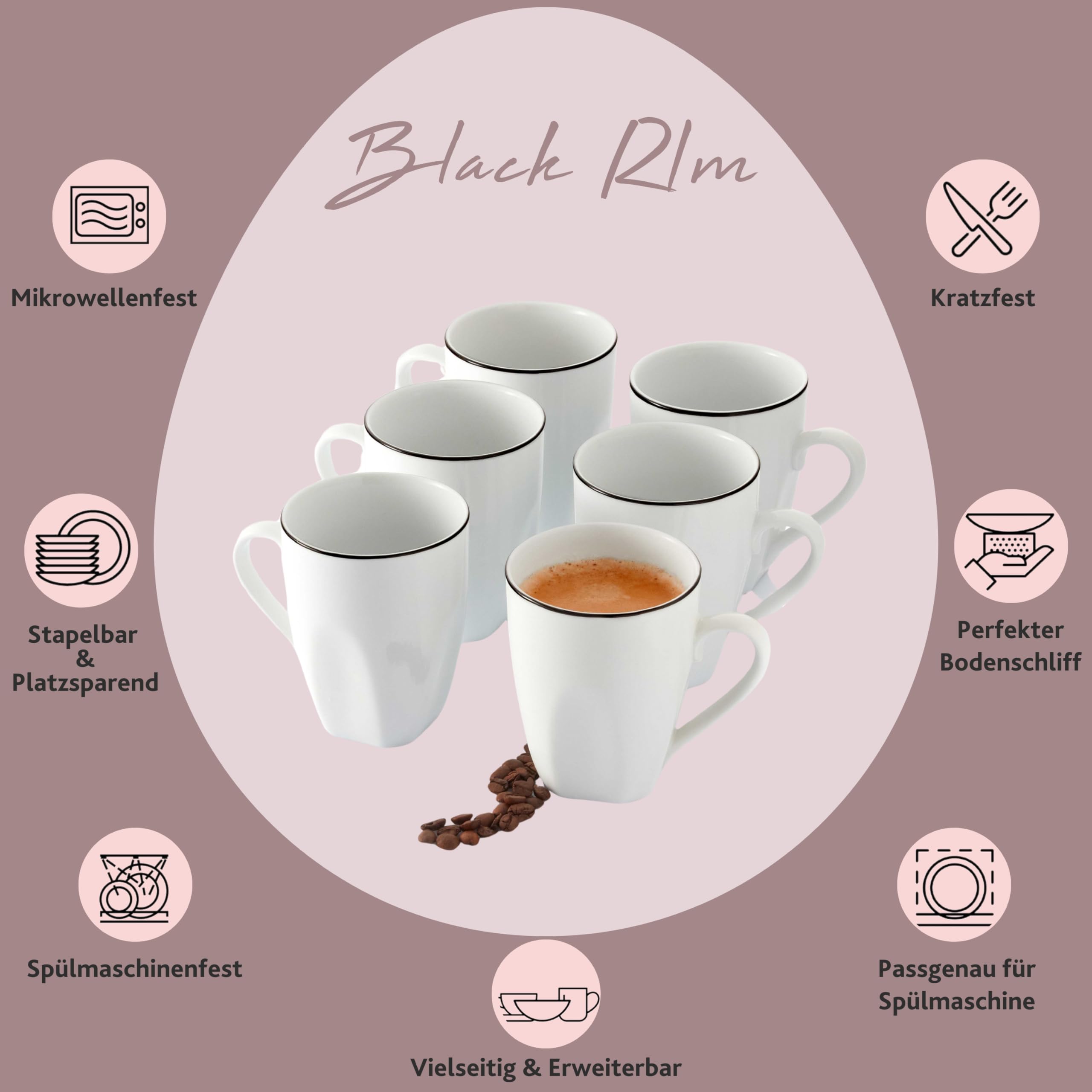 SÄNGER Bilgola Black Rim Koffiekopjesset 12-delig - 6 Kopjes Met Schotel, 175 Ml Porselein