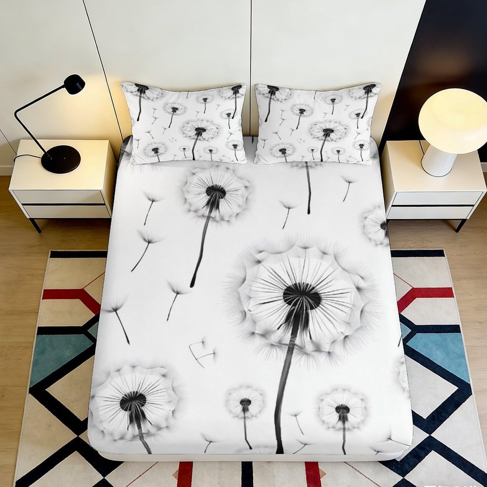 3D Printed Dandelion Art Fitted Sheet Microfiber Soft Mattress Cover Black White Decor for Bedroom Guest Room 200x200x25cm