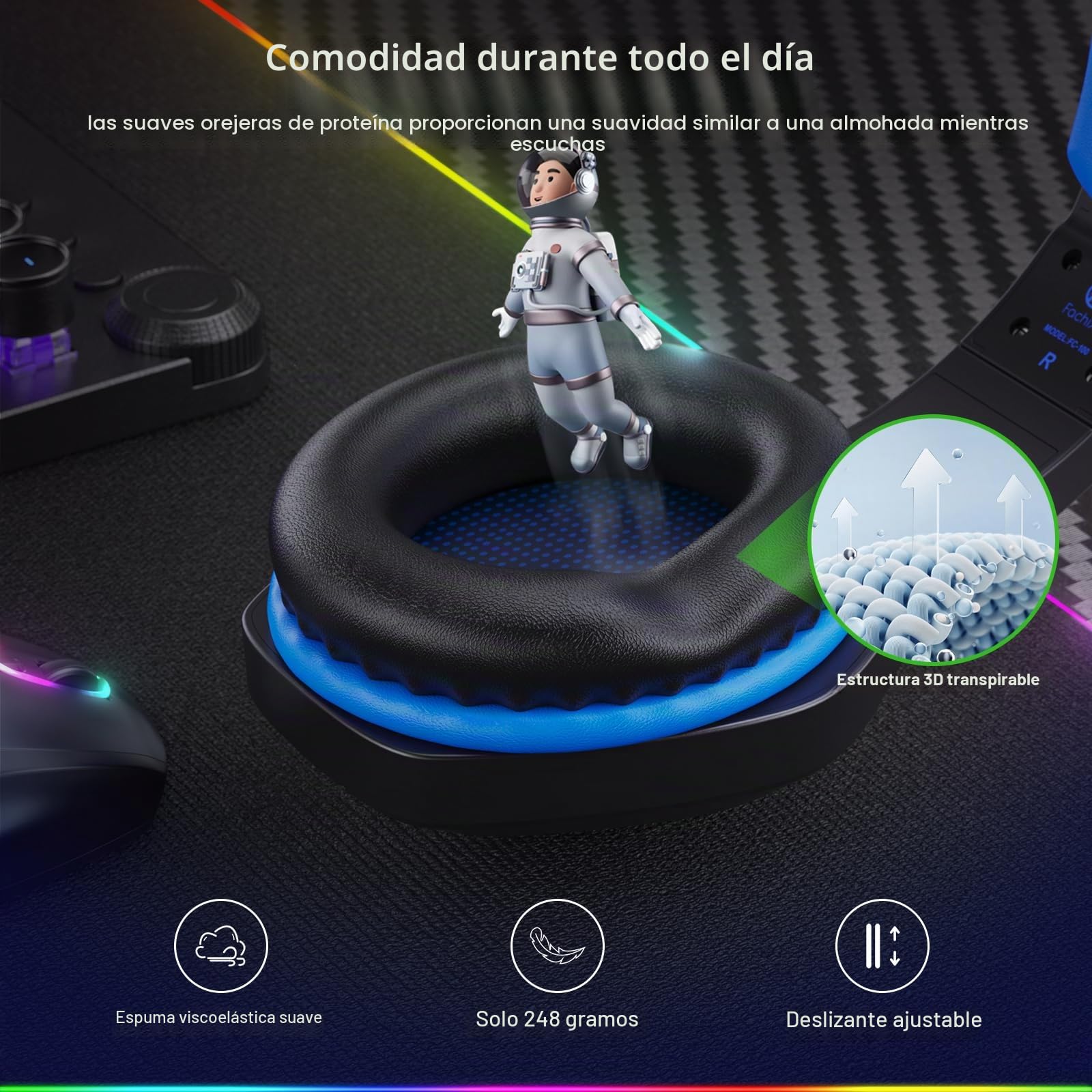 Fachixy FC100 - Auriculares inalámbricos con micrófono, 2,4 G, para PS5, PS4, PC, Switch, Mac, Sonido Envolvente, Bluetooth, Auriculares inalámbricos con luz LED, más de 50 Horas de duración de la