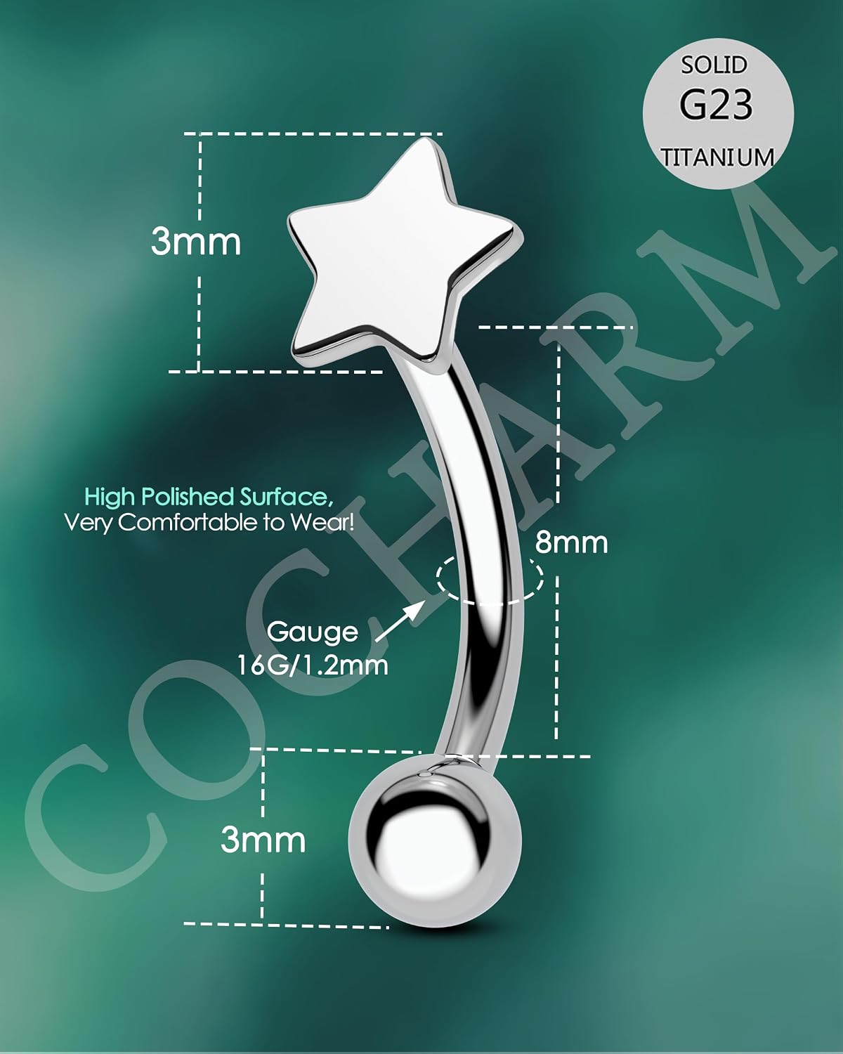 COCHARM Titanium Heart Star Moon Rook Spike Piercing Jewelry 16g Surgical Steel Rook Earring for Women Man Silver hypoallergenic nickel free comfort fit Jewelry,8mm Spike Eyebrow Piercing Jewelry