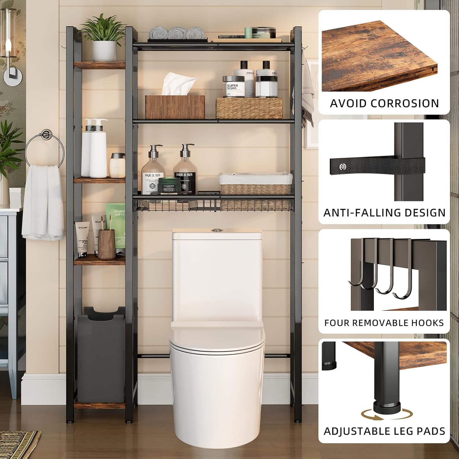Over The Toilet Storage with Side Rack, 7-Tier Bathroom Organizer with Adjustable Shelf & Drain Basket & 4 Hooks, Freestanding Space Saver for Balcony, Laundry (Vintage Brown)