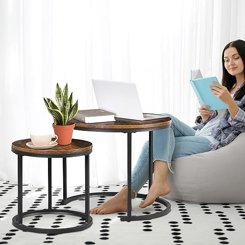 Miniatura 2 de ZENY Juego de 2 mesas auxiliares anidadas, mesa auxiliar redonda de 23.6 pulgadas, parte superior de grano de madera con marco de metal resistente,