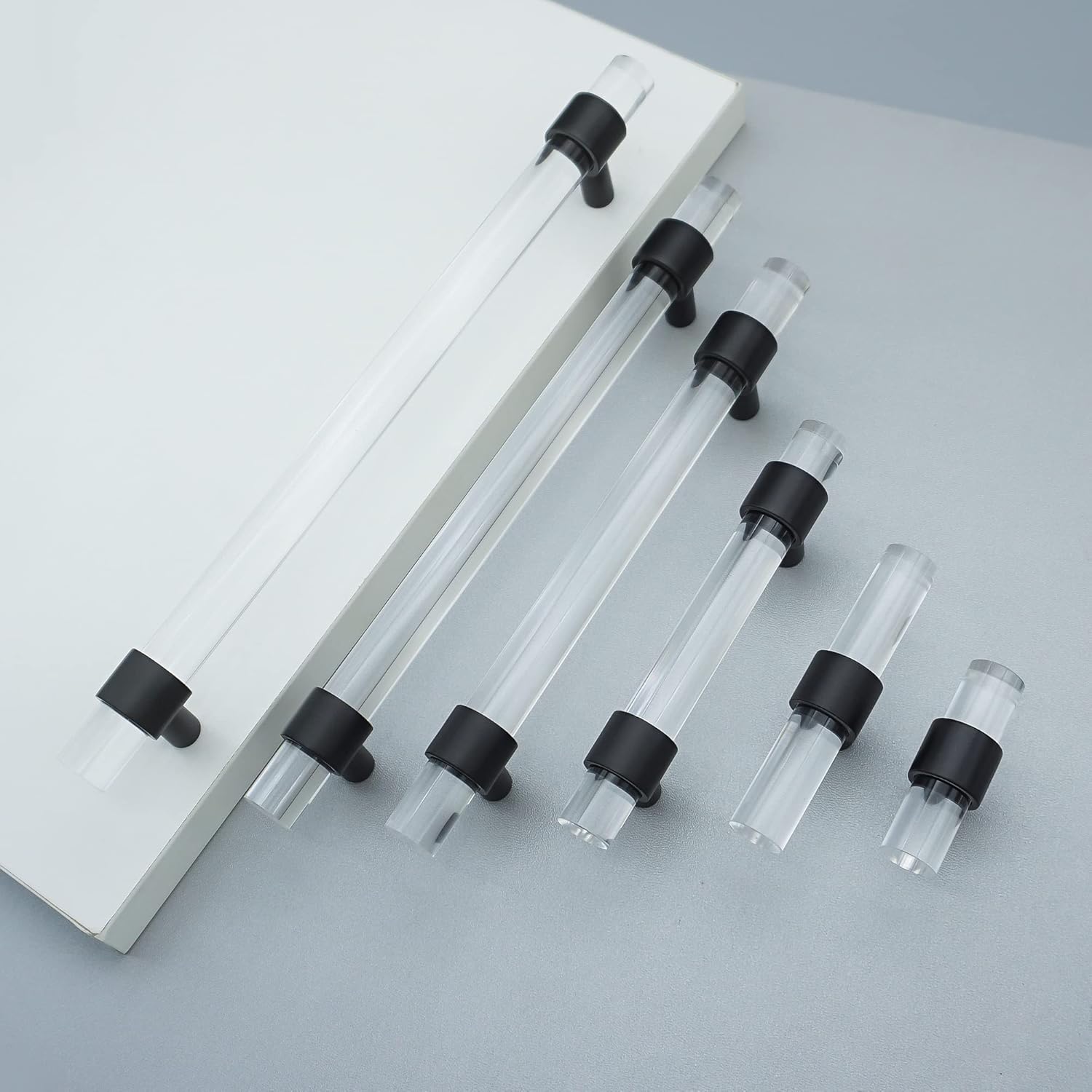 MFYS 10" Clear Acrylic Drawer Pulls Handles Brushed Black Kitchen Cabinet T Bar Knobs Drawer Pulls Furniture Hardware (1, 10" Hole to Hole)