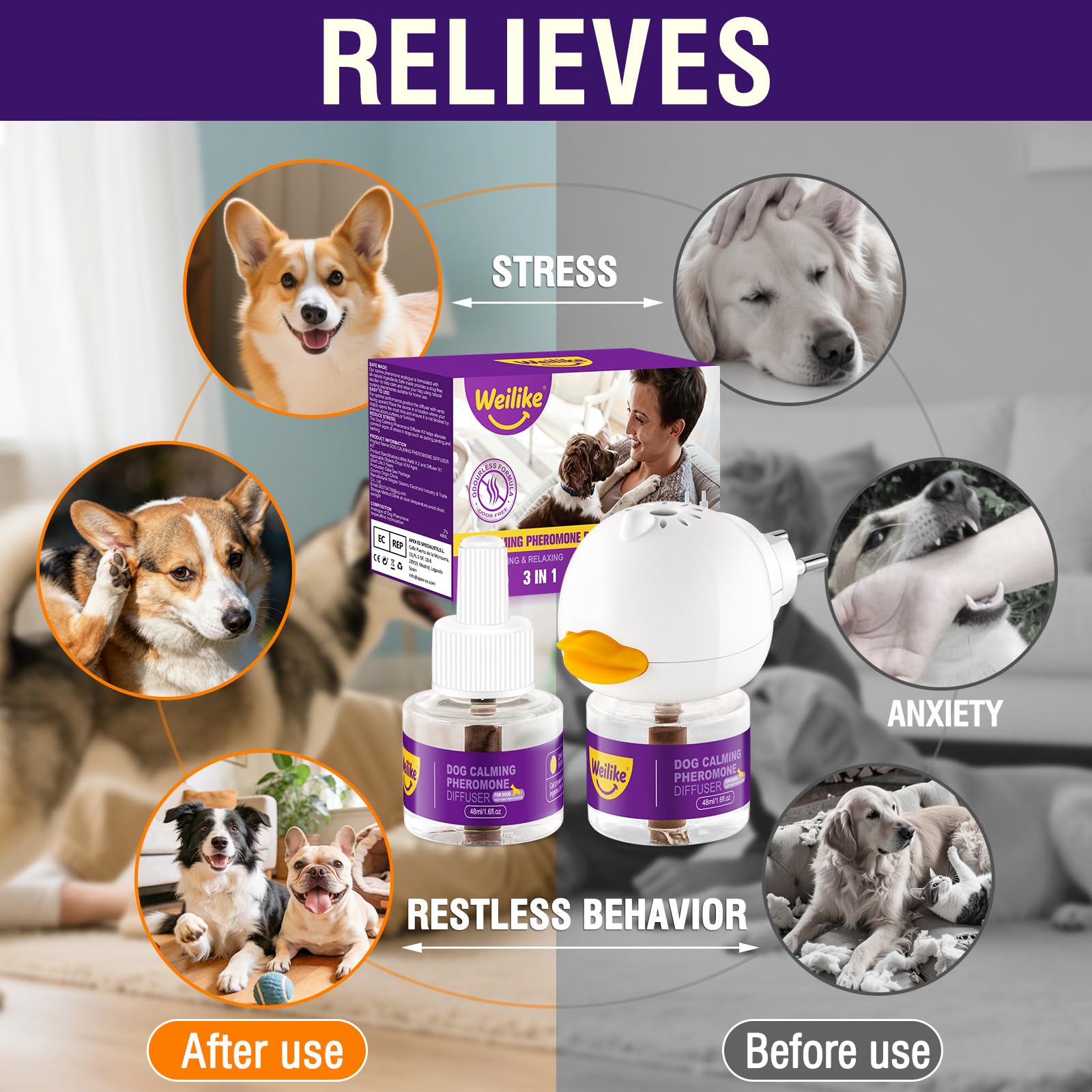 Difusor de Feromonas Relajantes para Perros - Alivio Natural de la Ansiedad y Reducción del Estrés - Favorece la Relajación con Fórmula Segura y Eficaz - Incluye 2 Recambios