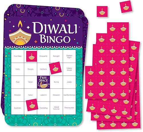 Big Dot of Happiness Happy Diwali - Tarjetas de bingo y marcadores - Festival de luces - Juego de bingo para fiesta - Juego de 18