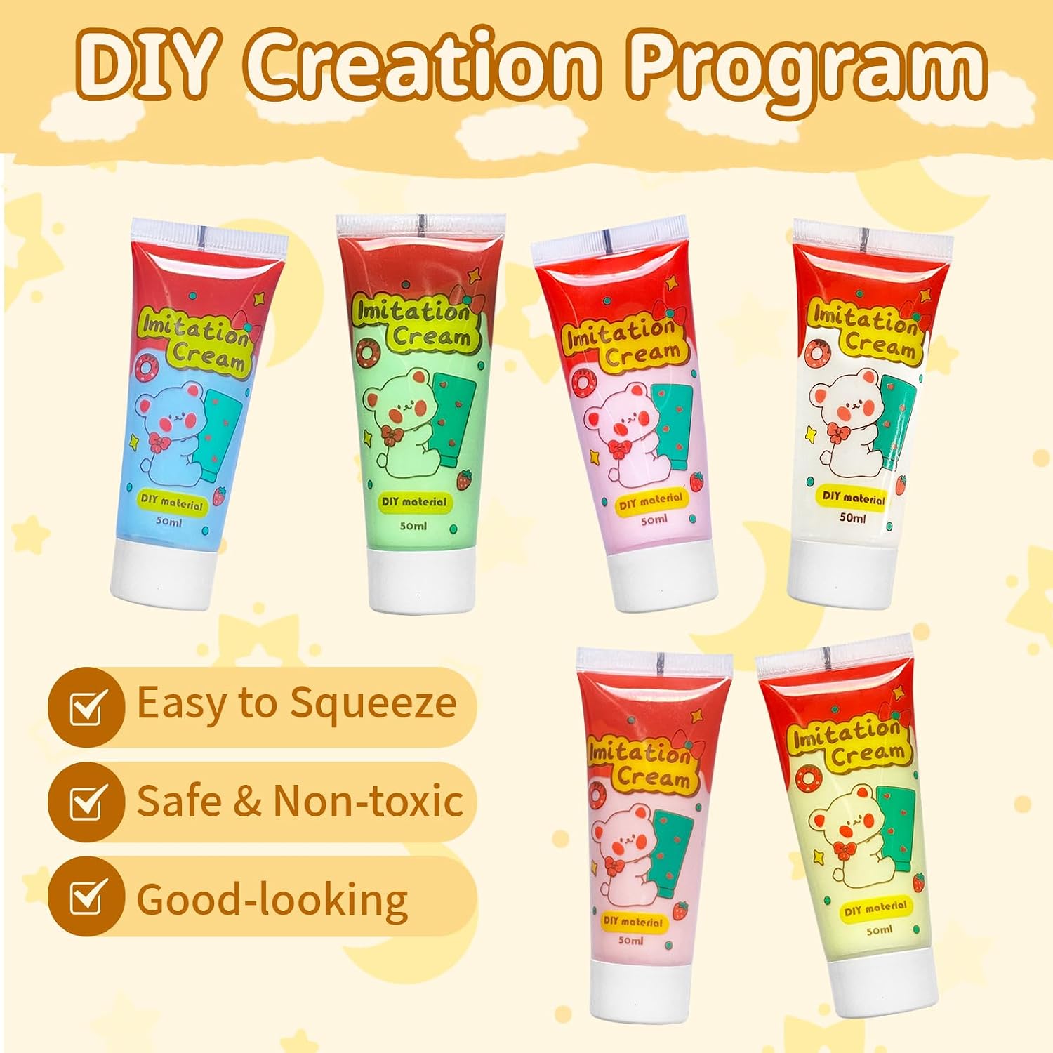 6Pcs Decoden Cream Kit, Simulation Fake Whipped Cream Glue, Deco Cream, Comes with 4 Packs of Resin Decorations and 6 Nozzles, Very Suitable for DIY Crafts and Decoration(1.69Oz)