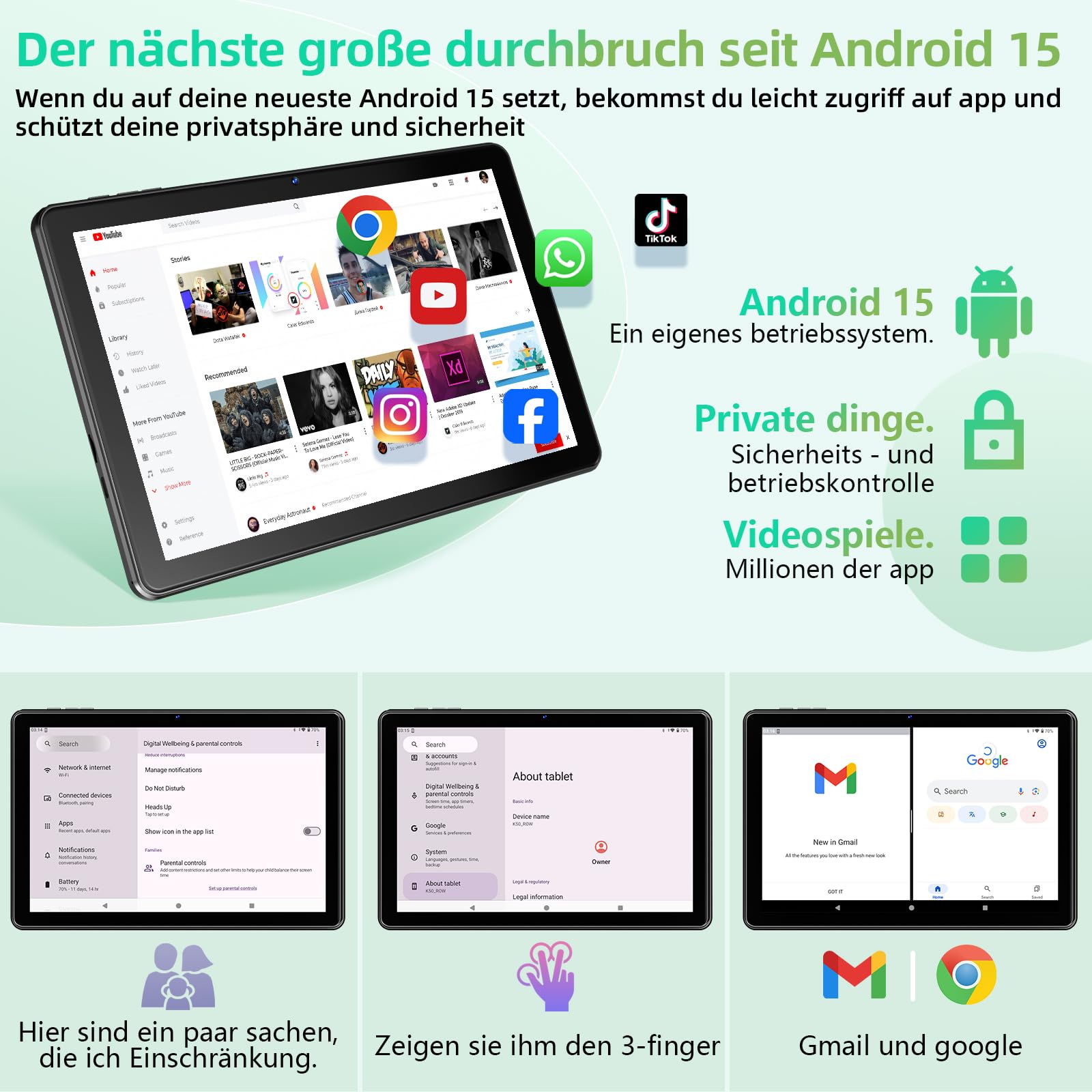 Raemond Tablet 10 Zoll, Android 15 Tablet mit Gemini AI, 18 GB RAM + 128 GB ROM + 1 TB TF, Octa-Core, 1280x800 HD IPS Touchscreen, 6000 mAh Akku, Widevine L1, WiFi 6 & BT 5.0, 5MP + 8MP Kamera