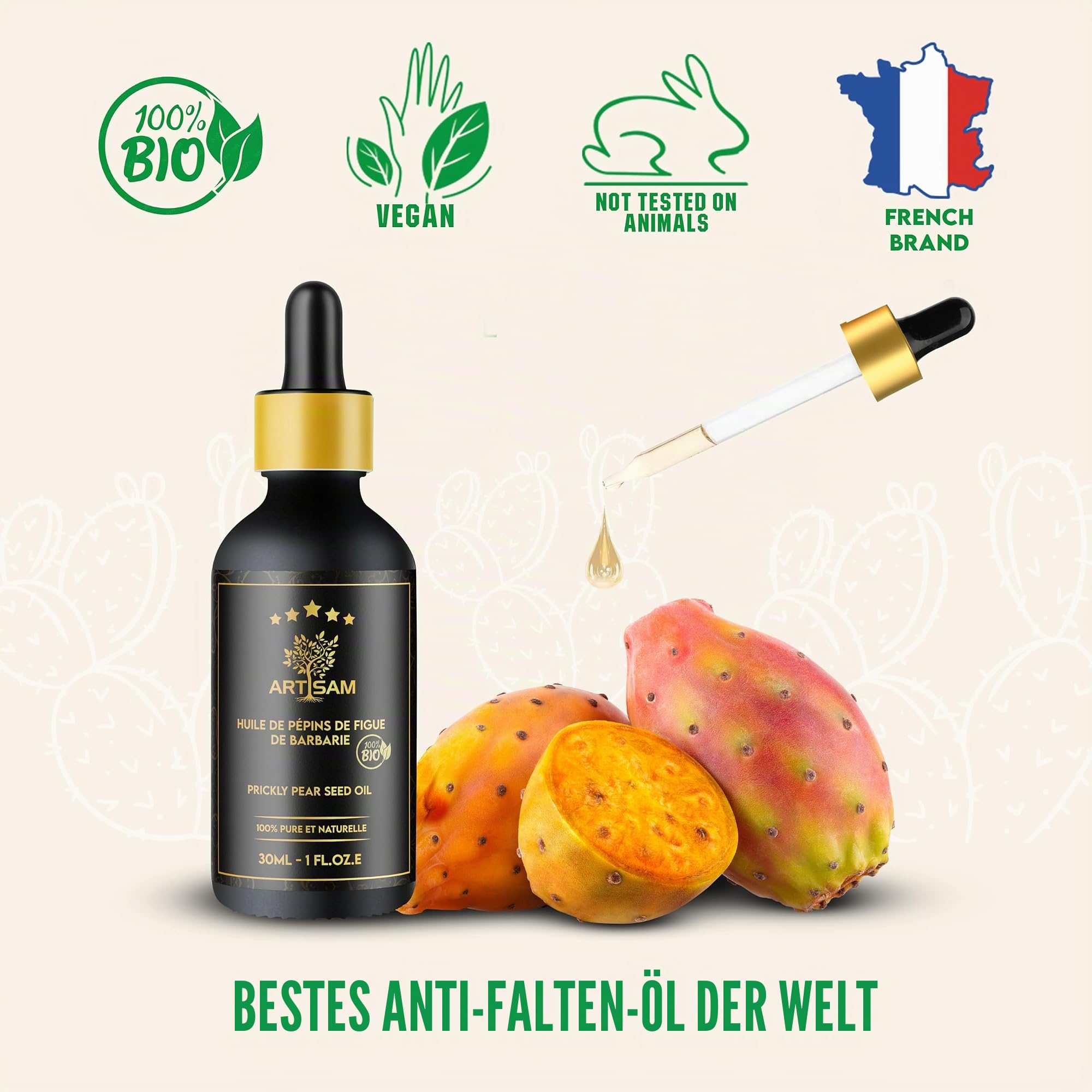 Beste Kaktusfeigenkernöl – Certifiée 100% Bio, Pure & Naturelle, Vegan – Kaltgepresst – Anti-Aging Gesichtsöl – Marokko Ursprung – Für Gesicht, Haare, Nägel – Opuntia Ficus-Indica – Feigenkaktusöl
