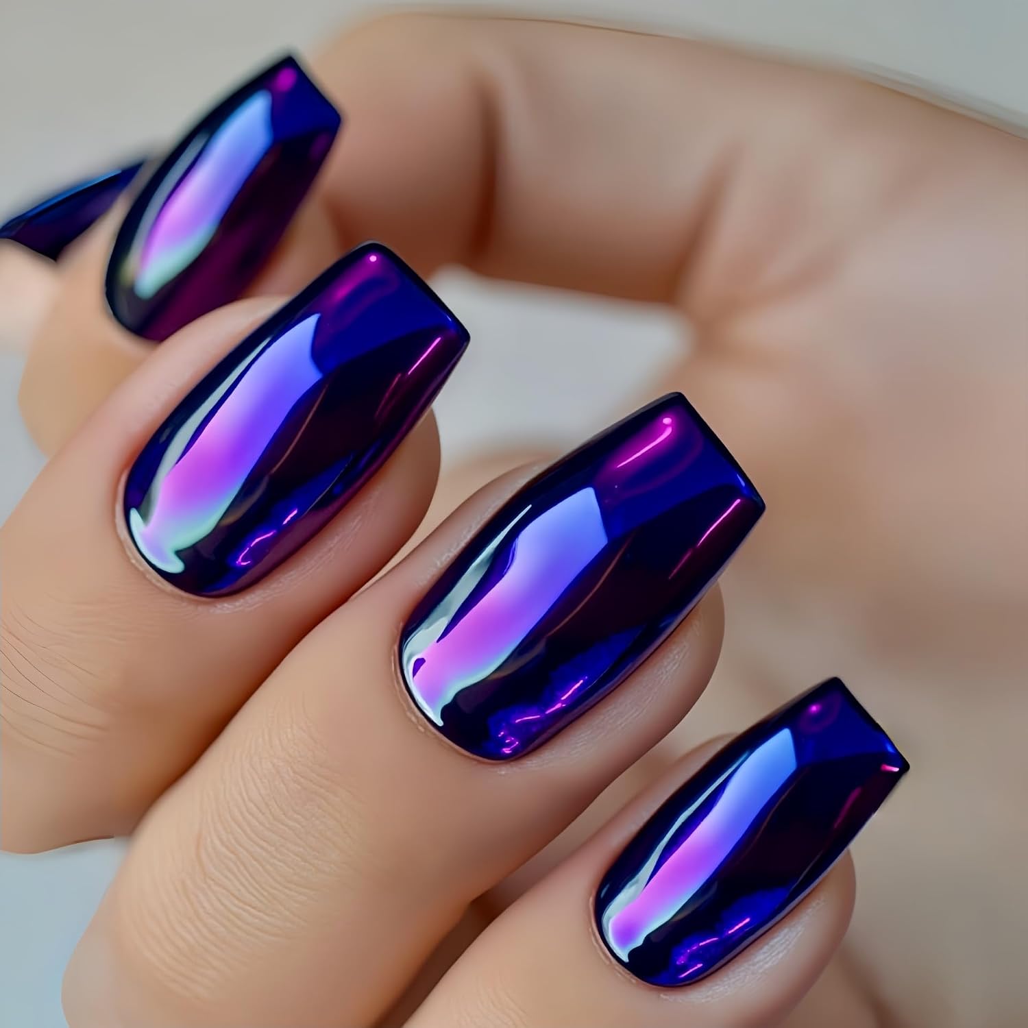 Purple Electroplated Press on Nails Medium Square Fake Nails Designs Chrome-Plated False Nails Deep Purple Mirror Metal Full Cover for Women Girls Daily Wearable Manicure Decoration 24Pcs