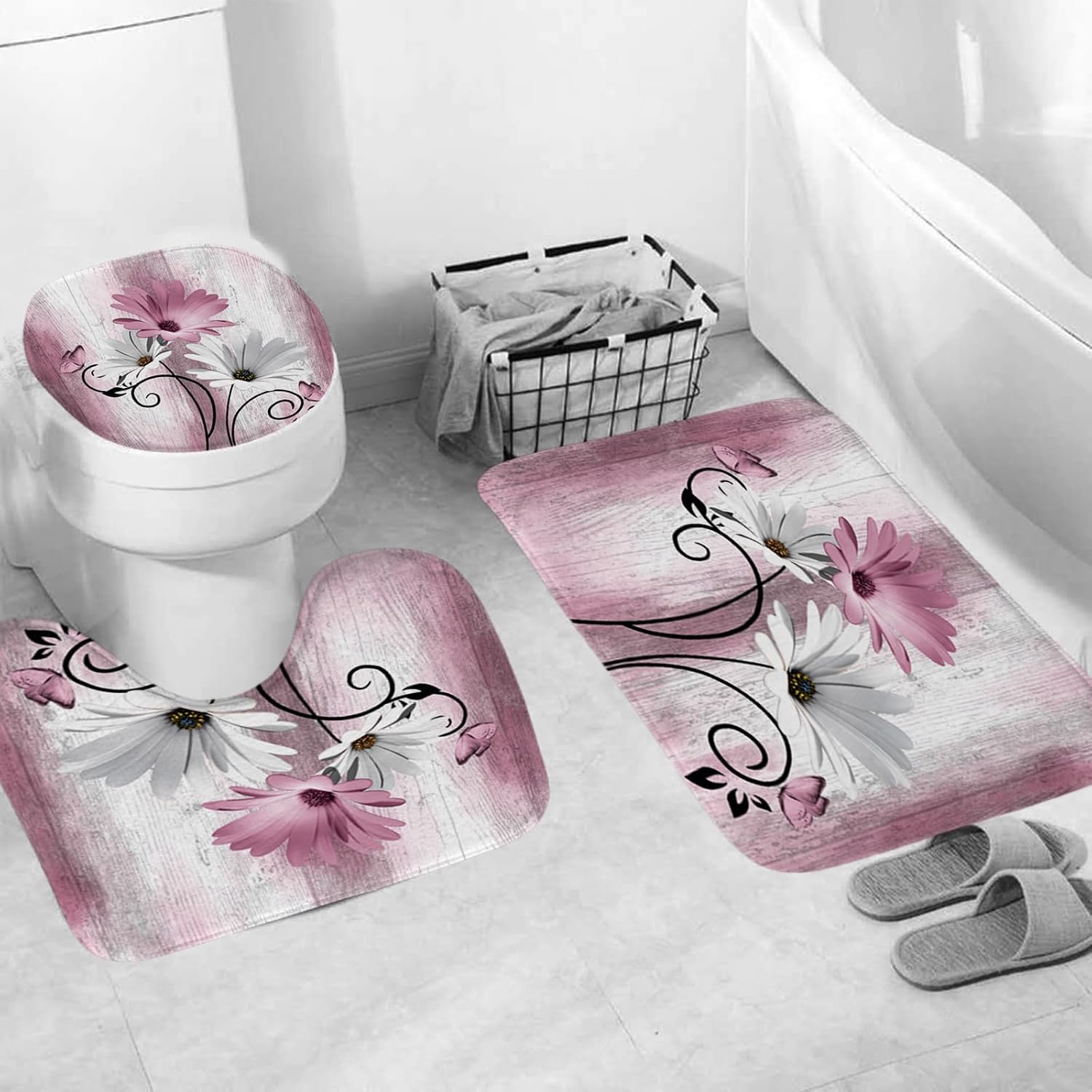 Onalasyc 4PCS Pink Daisy Floral Bathroom Sets with Shower Curtain and Rugs image 5