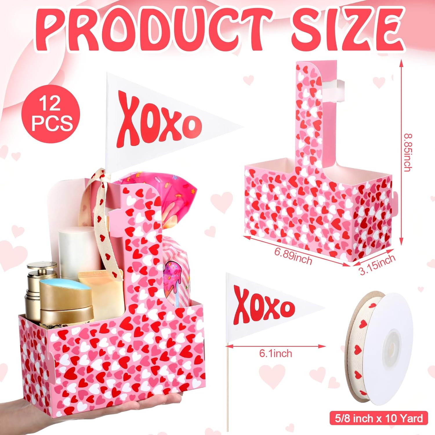 Acellegic 12 Set Valentine's Day 2 Cup Drink Carrier Valentine Drink Holder Gift Basket Boxes Bulk Party Favors Treat Box with Flag and Heart Shape Ribbon for Friend Teacher Thank You Gift - Image 3