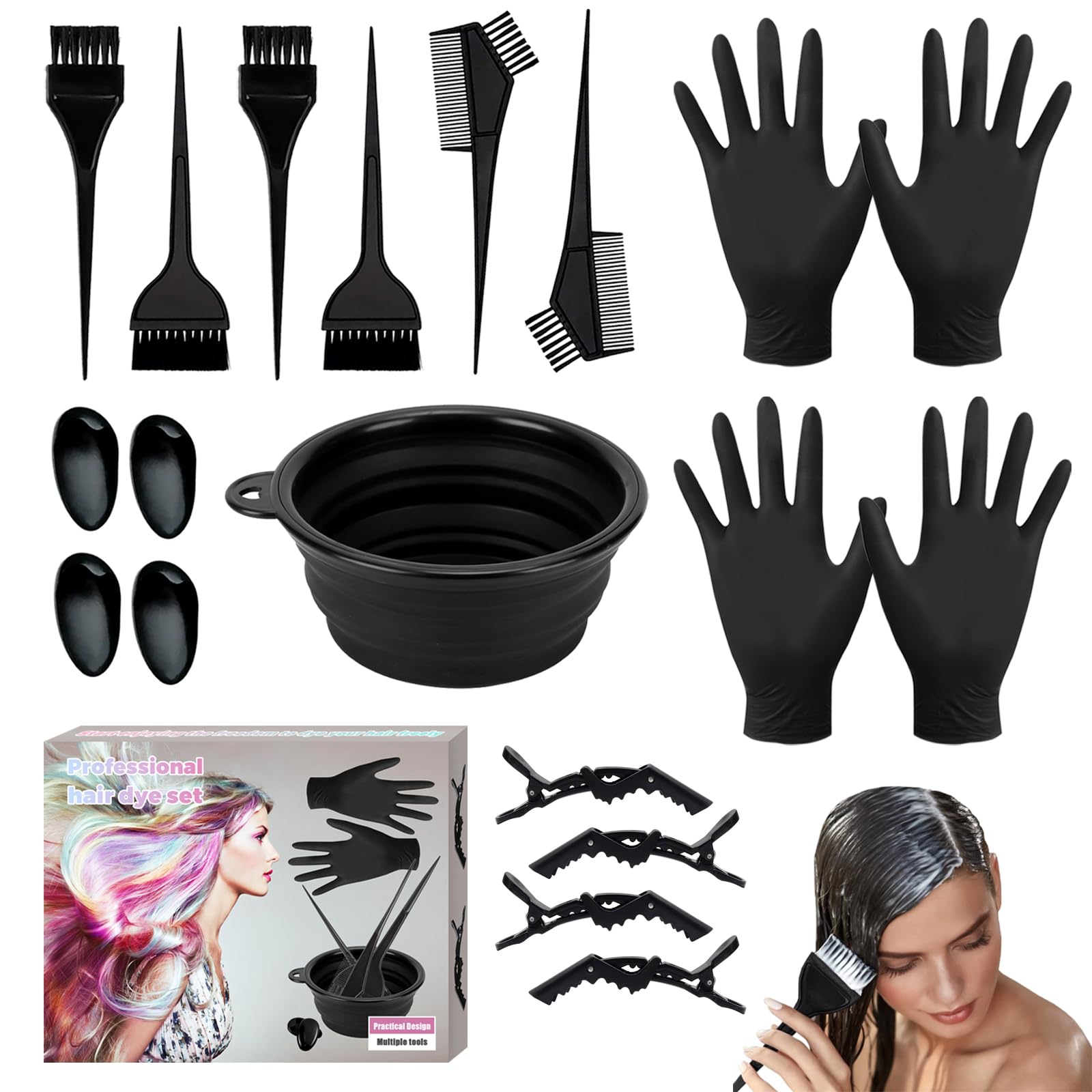 19 Pezzi Kit Colore Capelli, Kit Tinta Capelli, Colore Kit Colorazione Tintura, con spazzola per il massaggio del cuoio capelluto, riutilizzabile, per Salone e Uso Domestico DIY