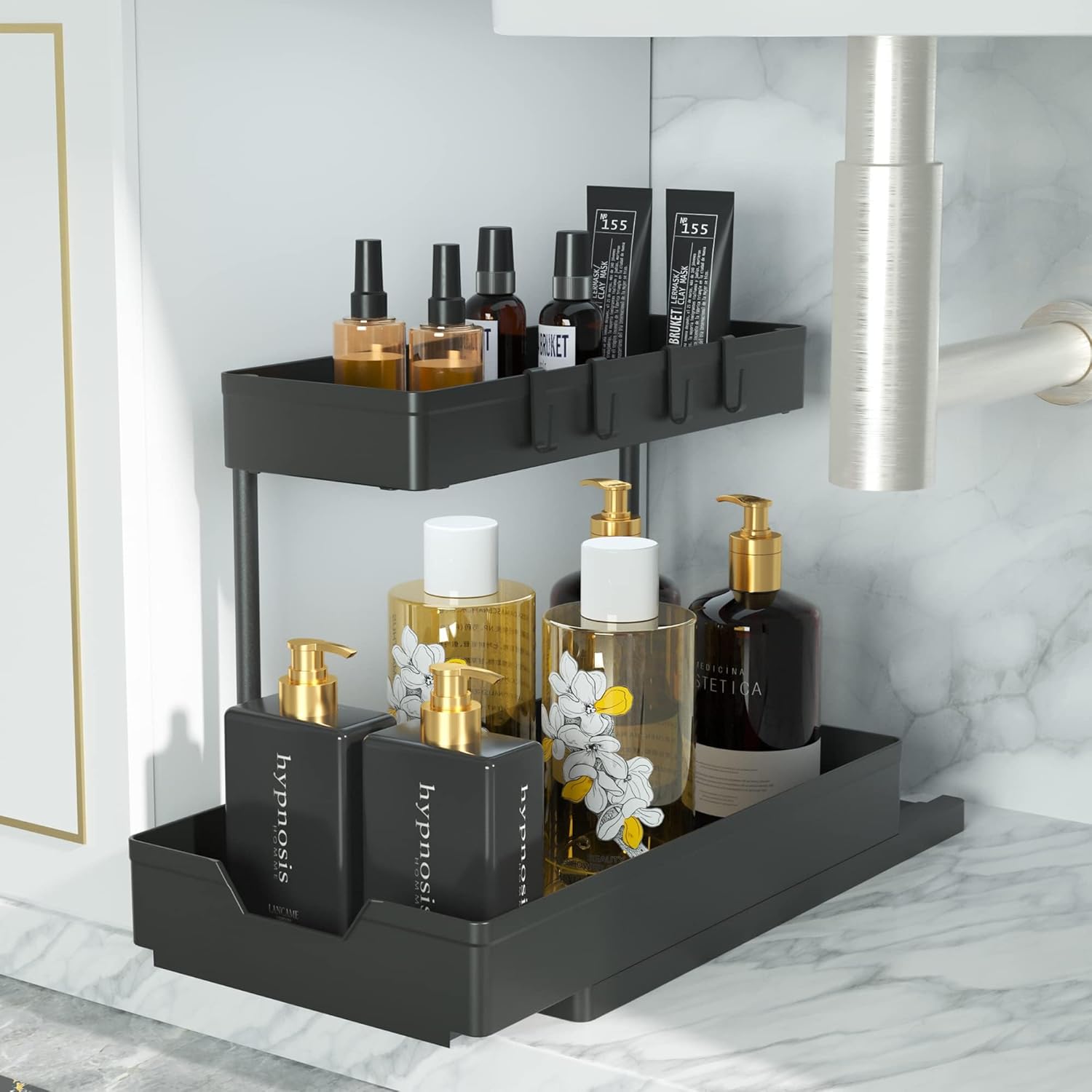 VACUUM Under Sink Organizer 2 Pack, 2 Tier Sliding Pull Out Cabinet Organizer, Heavy Duty Metal Under Sink Storage Shelves for Kitchen, Bathroom, Pantry & Closet Organization