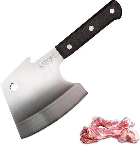 Kitory Cuchilla de carne, cuchillo de cocina de carnicero resistente, hoja súper gruesa en forma de hachas, rompe huesos, mango de madera de wengué