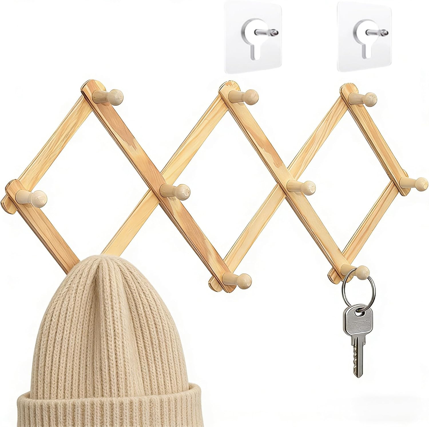 Wooden Expandable Wall Hook Rack, Accordion Coat Hanger with 10 Hooks - Adjustable Width, No-Drill Adhesive or Drill Mount for Entryway, Hats, Keys, Bags (Natural Wood) (2)
