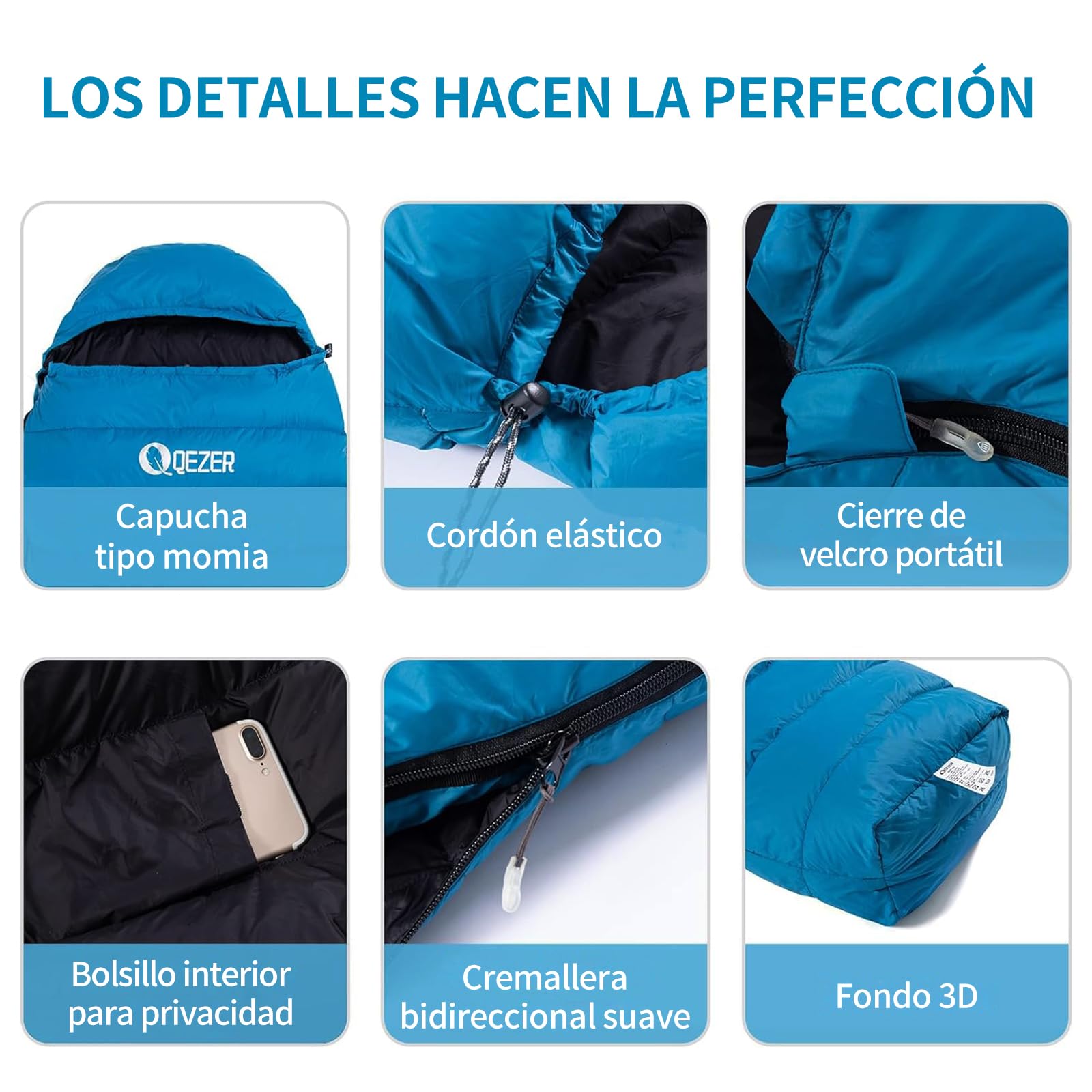 Saco de Dormir de plumón 5°C 3-4 Estaciones Ultraligero 660 FP 210x80 cm 820 g para Camping Senderismo