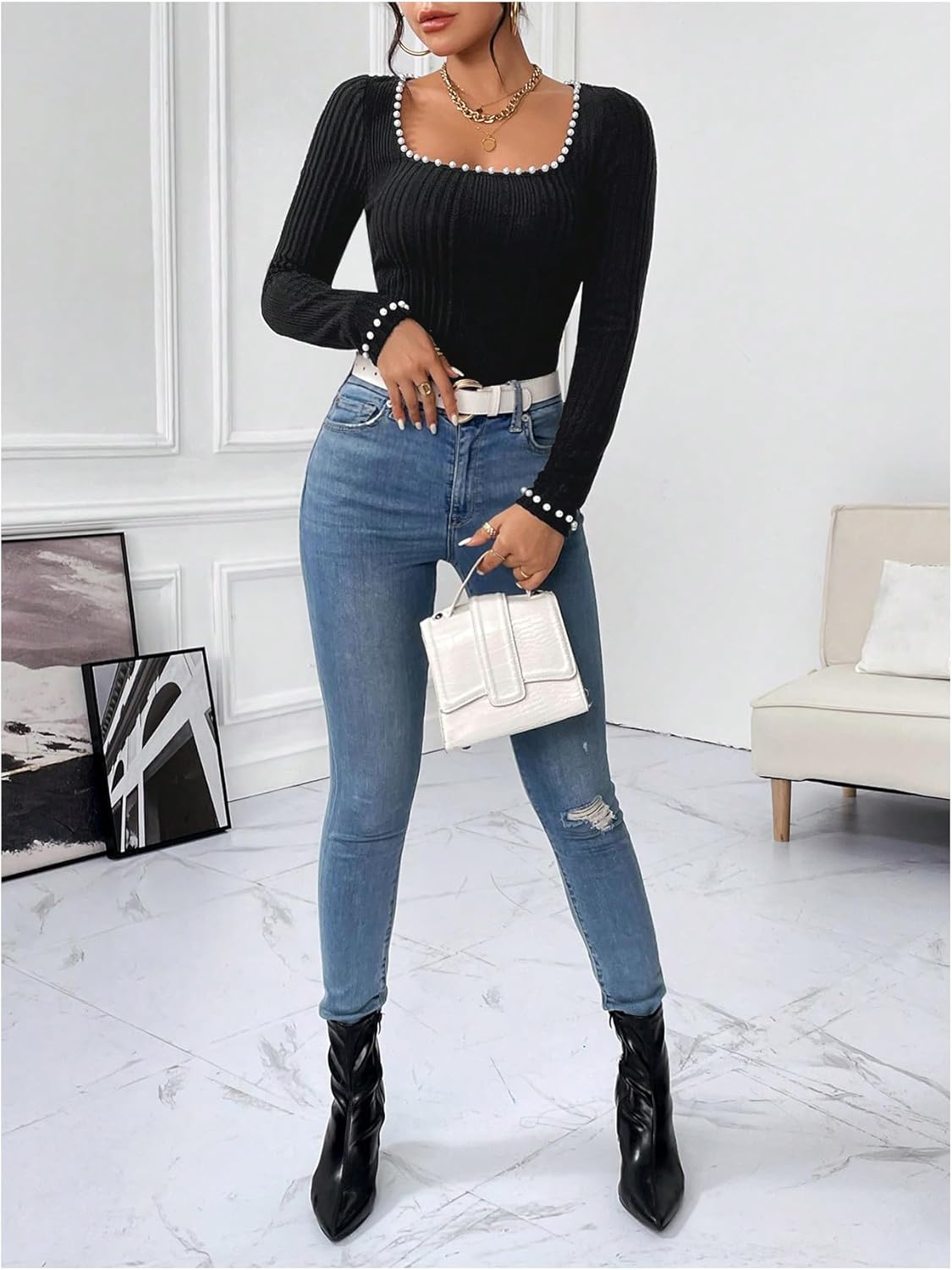 WDIRARA Women's Pearls Square Neck Long Sleeve T Shirt Rib Knit Tee Slim Fitted Top - Image 6