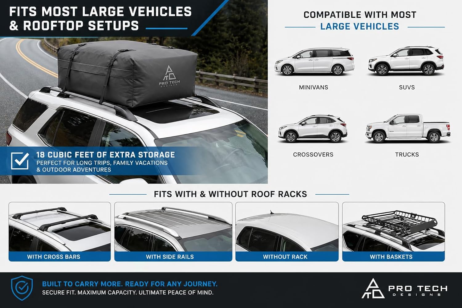 Journeyer 18 Waterproof Rooftop Cargo Carrier Bag, 18 Cubic Feet Vehicle Roof Storage with Straps & Door Hooks, Heavy Duty Car Top Carrier for SUVs, Vans, RVs & Trucks, 48" x 36" x 18" image 2