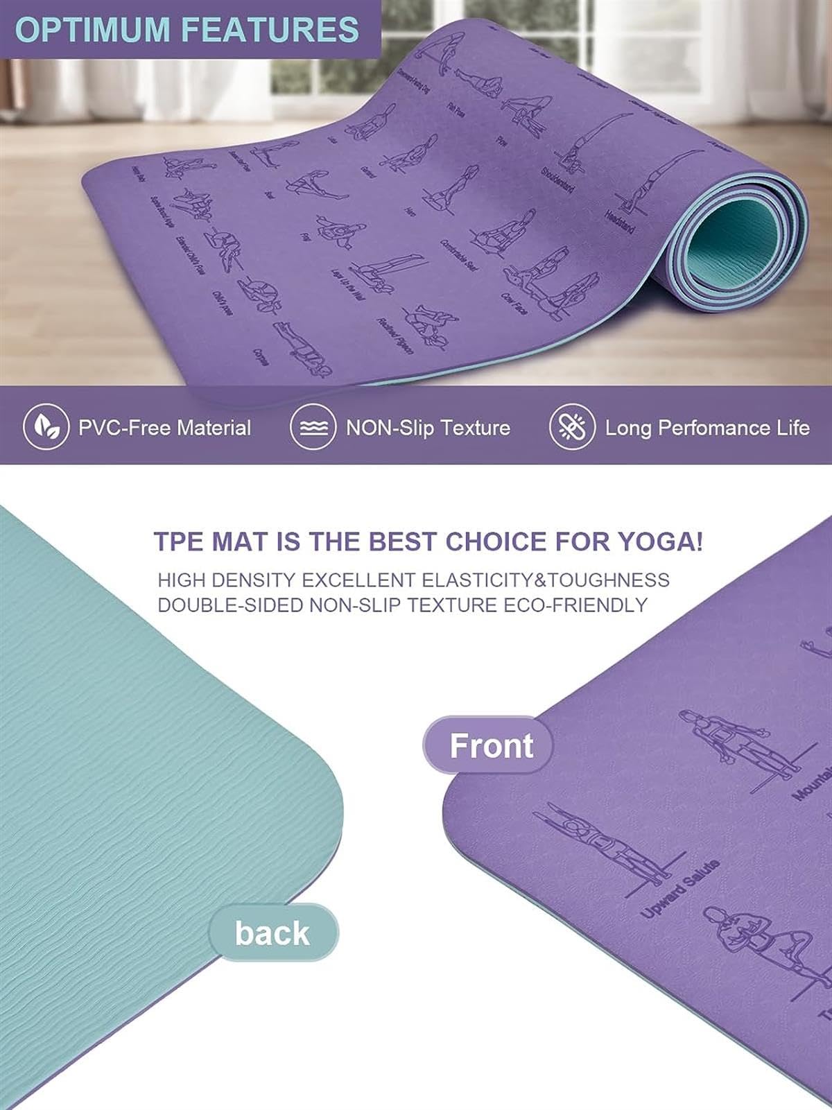 Yogamatte mit 70 Posen bedruckt, Anleitungsdesign für Heimtraining und Training, inklusive Tragegurt für einfachen Transport