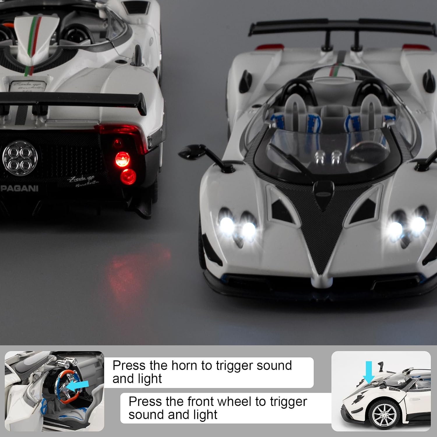 1/24 Car Model Compatible for Collectible Pagani Zonta HP Diecast Toy Car,Zinc Alloy Pull Back Cabriolet Vehicles Toy with Sound and Light for Adult Boys Girls (White)