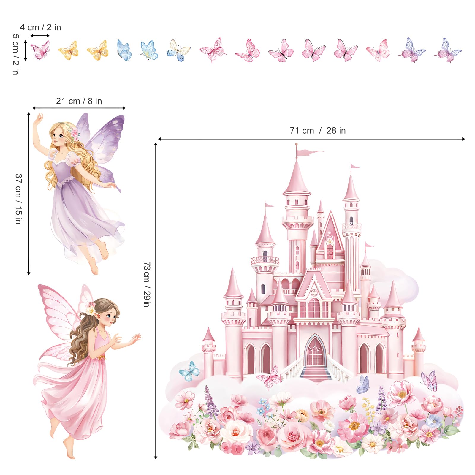 decalmile Stickers Muraux Château Rose Fille Fée Autocollant Mural Fleur Papillon Rose Décoration Murale Bébé Fille Chambre Enfants Pépinière - 4