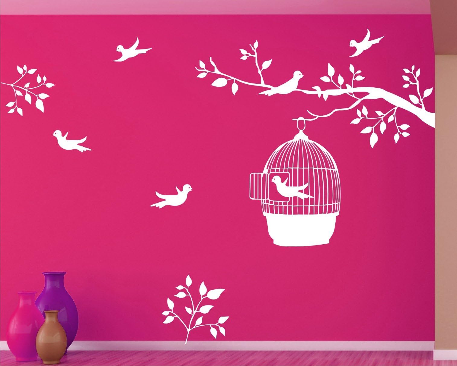 Wall Guru PVC Vinyl Tree and Leaves with Birds on Branch and Cages Wall Stickers (White, 59 * 64)