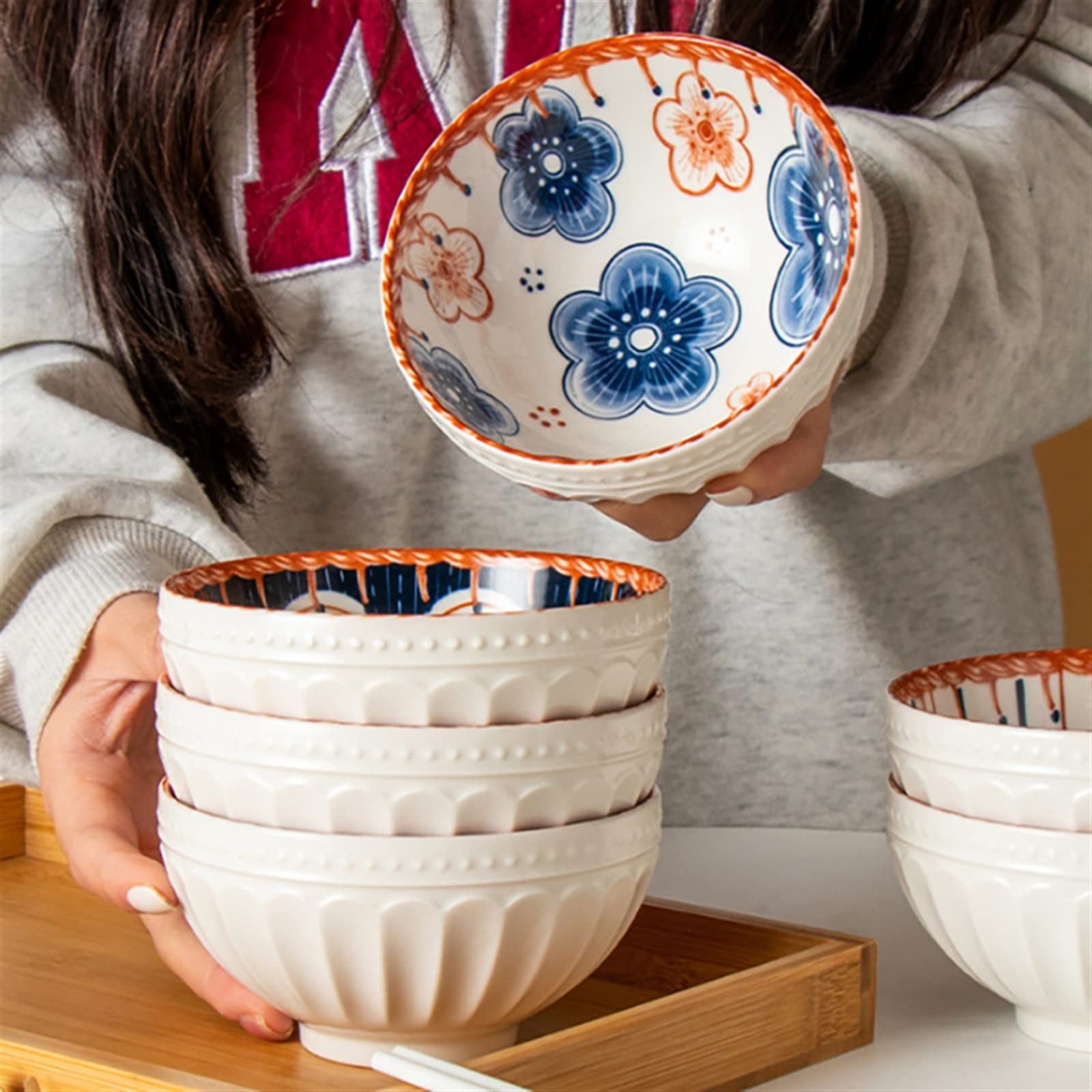 Juegos de Platos y Cuencos Cuenco de arroz de cerámica con impresión en Relieve Cuenco antiescaldamiento Cuenco de Sopa Sencillo para el hogar Vajilla