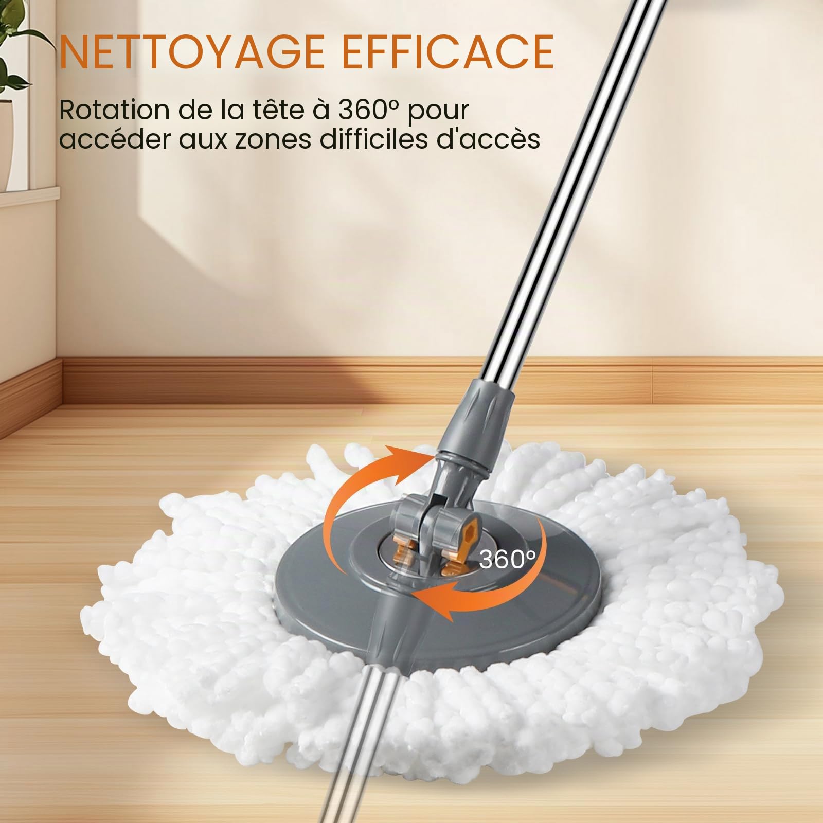 Rainberg Ensemble serpillère et Seau avec 3 têtes supplémentaires, Manche Extensible de 130 cm, têtes en Microfibre lavables en Machine, système d'essorage Automatique, Gris et Orange