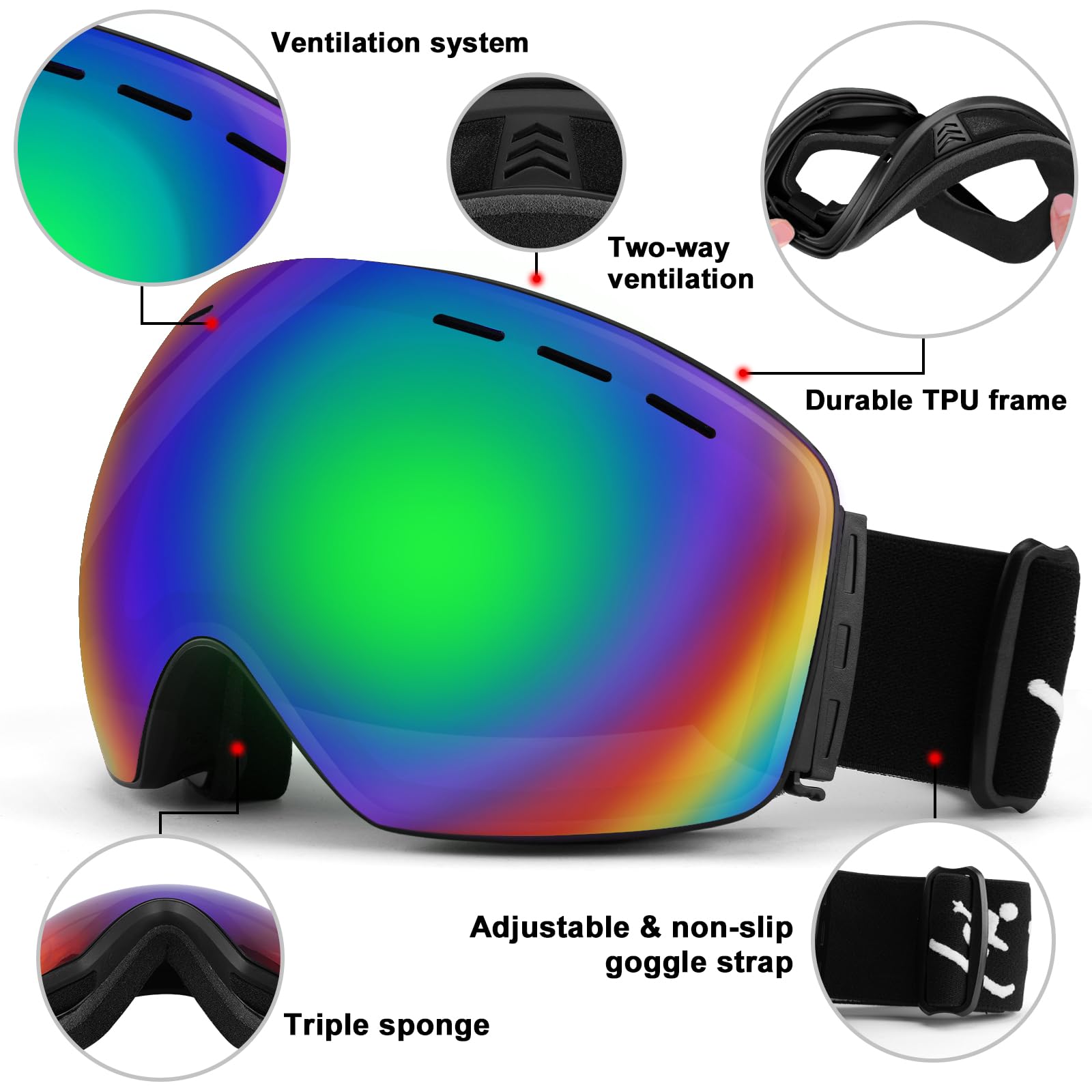 Trusiel Maschera Sci, Occhiali da Sci OTG, Anti Nebbia Anti-UV Maschera da Sci Donna Uomo, Occhiali da Sci Casco Compatibile per Sci Snowboard Sport Invernali
