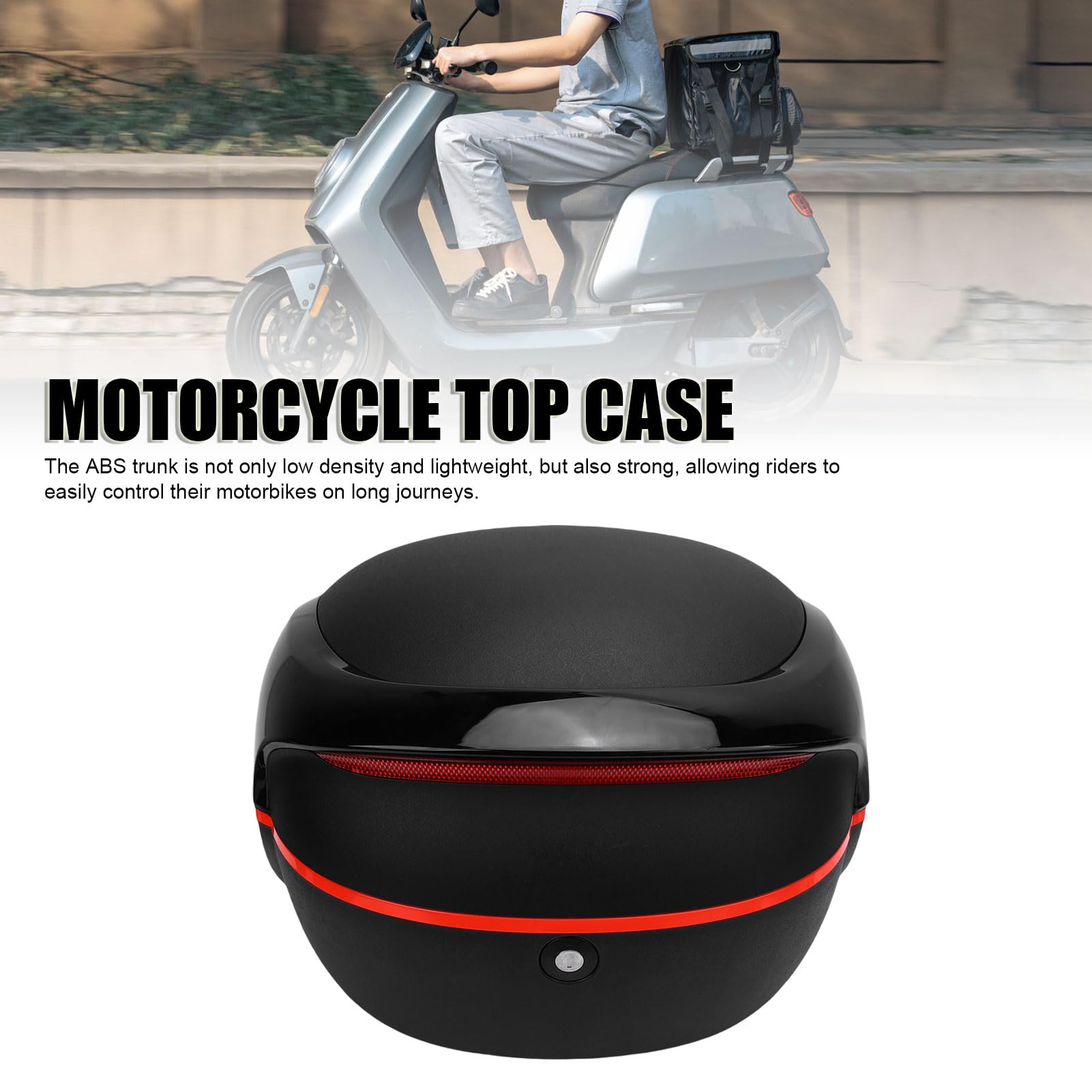 RiToEasysports Motorrad-Kofferraum, ABS-Motorrad-Topcase, 32 L, Wasserdichter Heckkasten mit Anti-Diebstahl-Sperre, Reflektierenden Streifen und Rückenlehne für Tourenfahrer, für, (Black)
