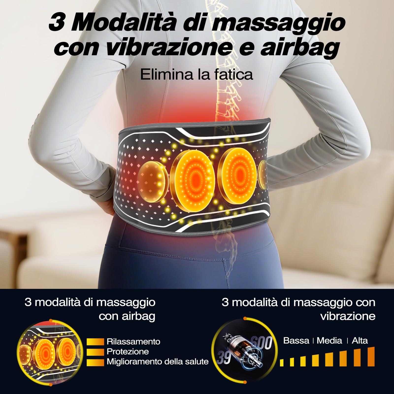 Cintura Massaggiante Lombare Senza Fili con Calore – Cuscino Termico Elettrico con 3 Modalità di Massaggio ad Aria e 4 Livelli Temperatura per Alleviare il Mal di Schiena e la Sciatica