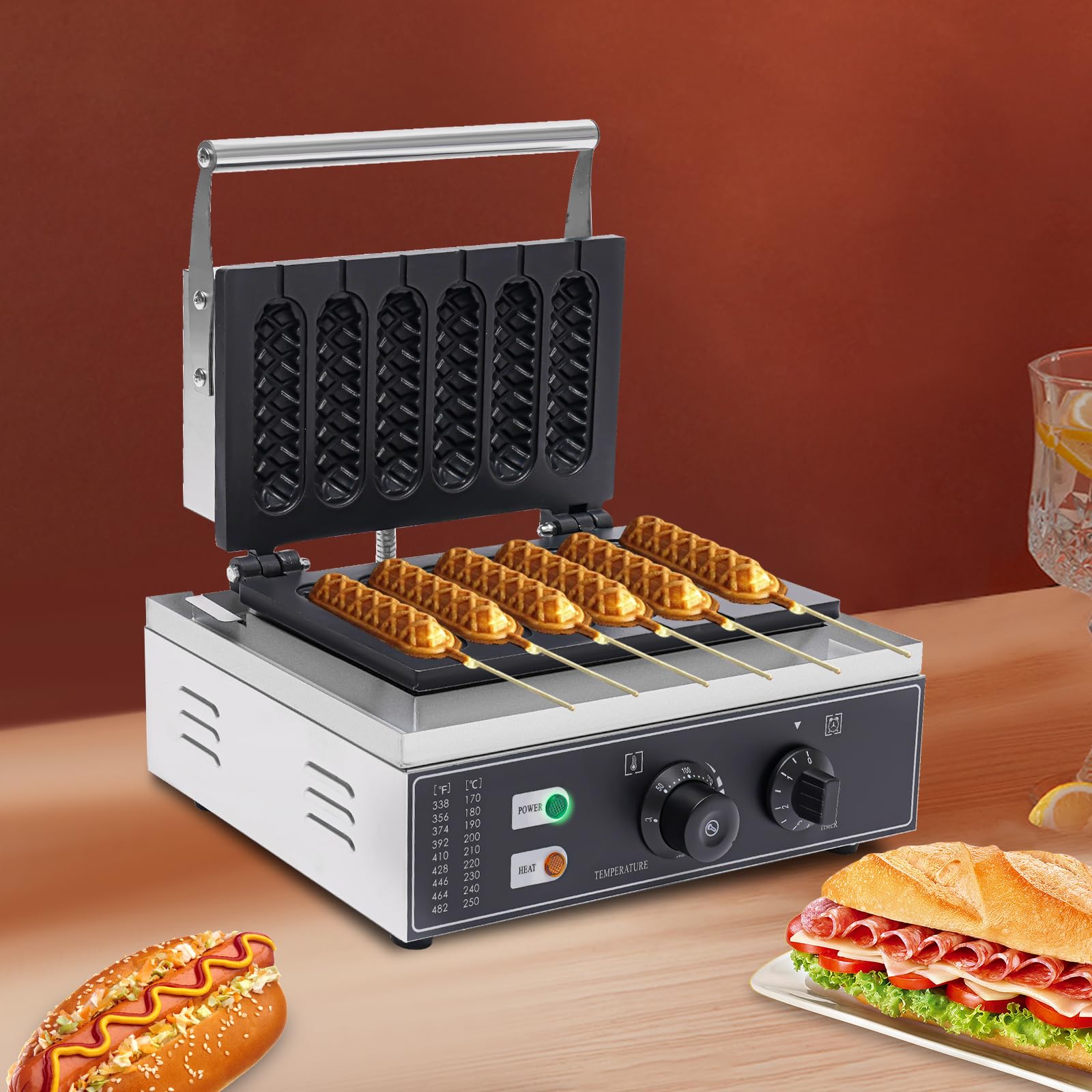 Máquina de perritos calientes 1500W 220V 6 unidades control temperatura 50-300℃ acero inoxidable