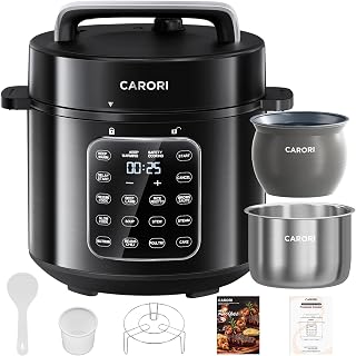 CARORI 9-in-1 6Qt Electric Pressure Cooker: Dual Stainless Steel & Non-Stick Pots, 12 Presets, IMD Touchscreen, Safe Multi-Cooker Black