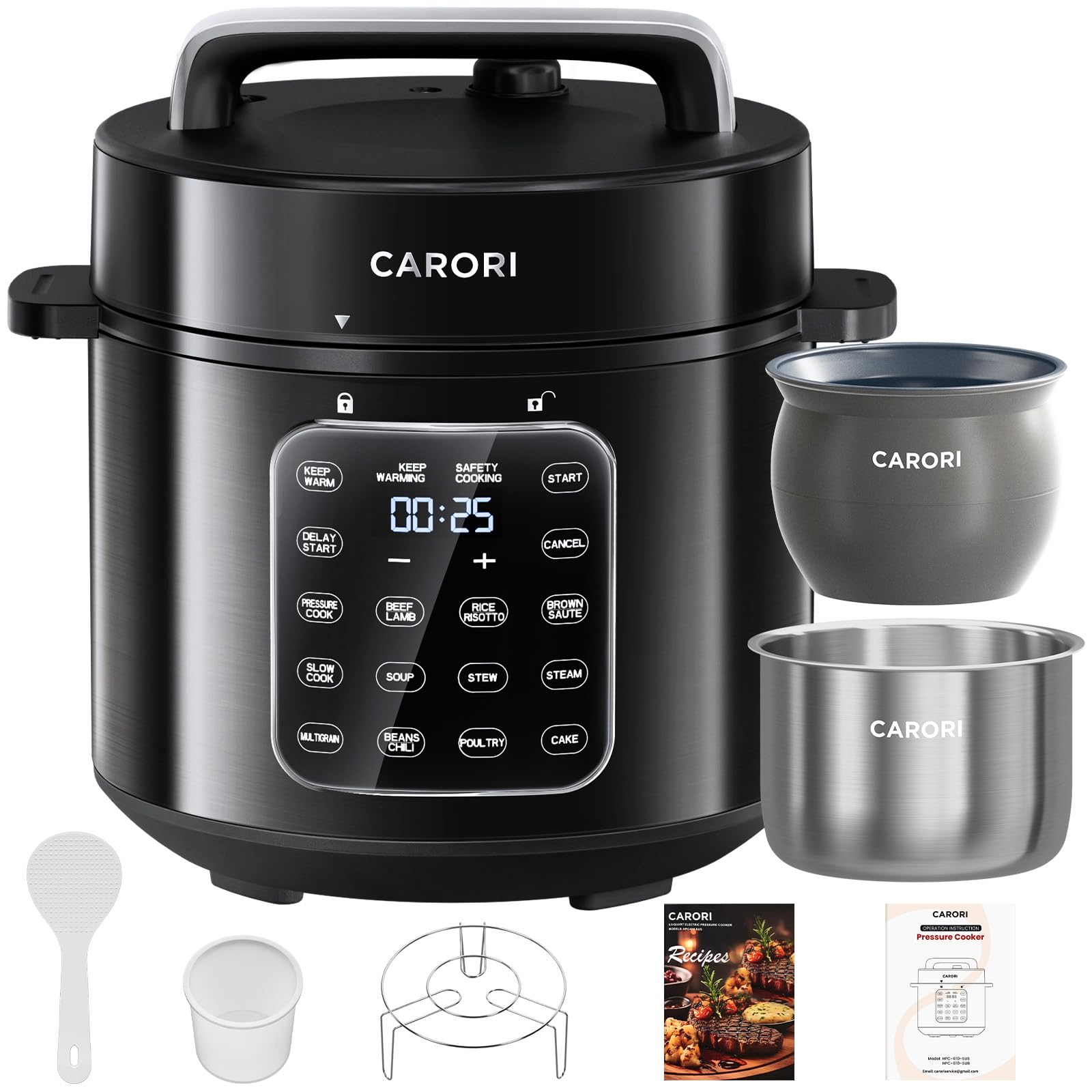 CARORI 9-in-1 Electric Pressure Cooker 6 Qt, Dual Inner Pots, Stainless Steel Pot and Non-Stick Pot, 12 Preset Cooking Programs with IMD Touchscreen,