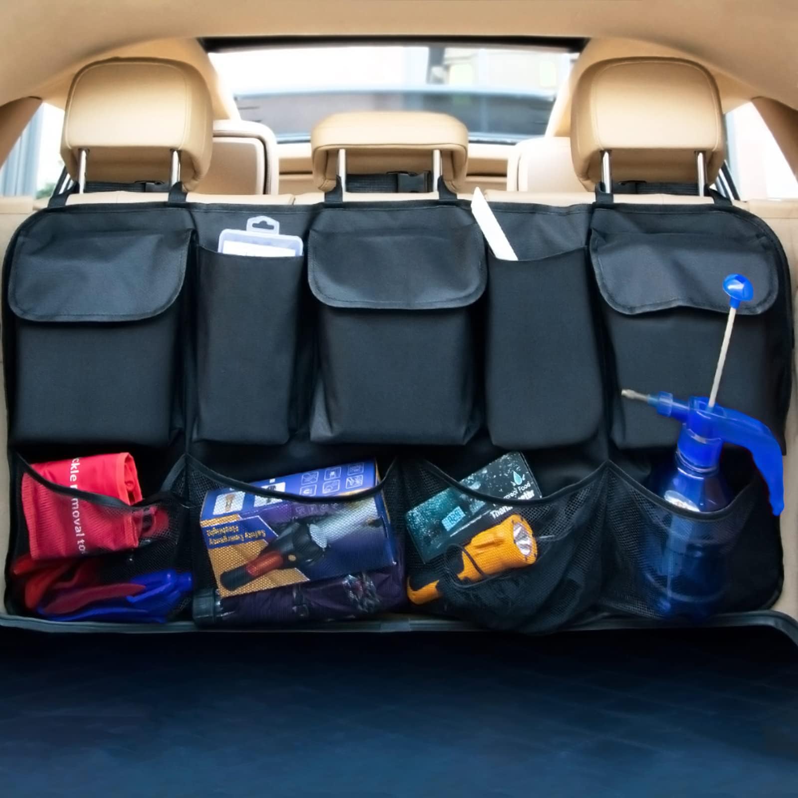 EldHus Rear Car Organizer Storage Trunk Back Seat Organizer Car Backseat Organizer Storage with Pockets, Cloth, Black