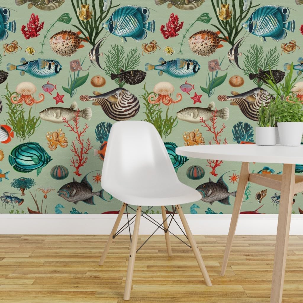 Removable Wallpaper Swatch - Sage Green Small Scale Summer Ocean Sea Fish Coastal Aqua Mint Blue Custom Pre-Pasted Wallpaper by Spoonflower