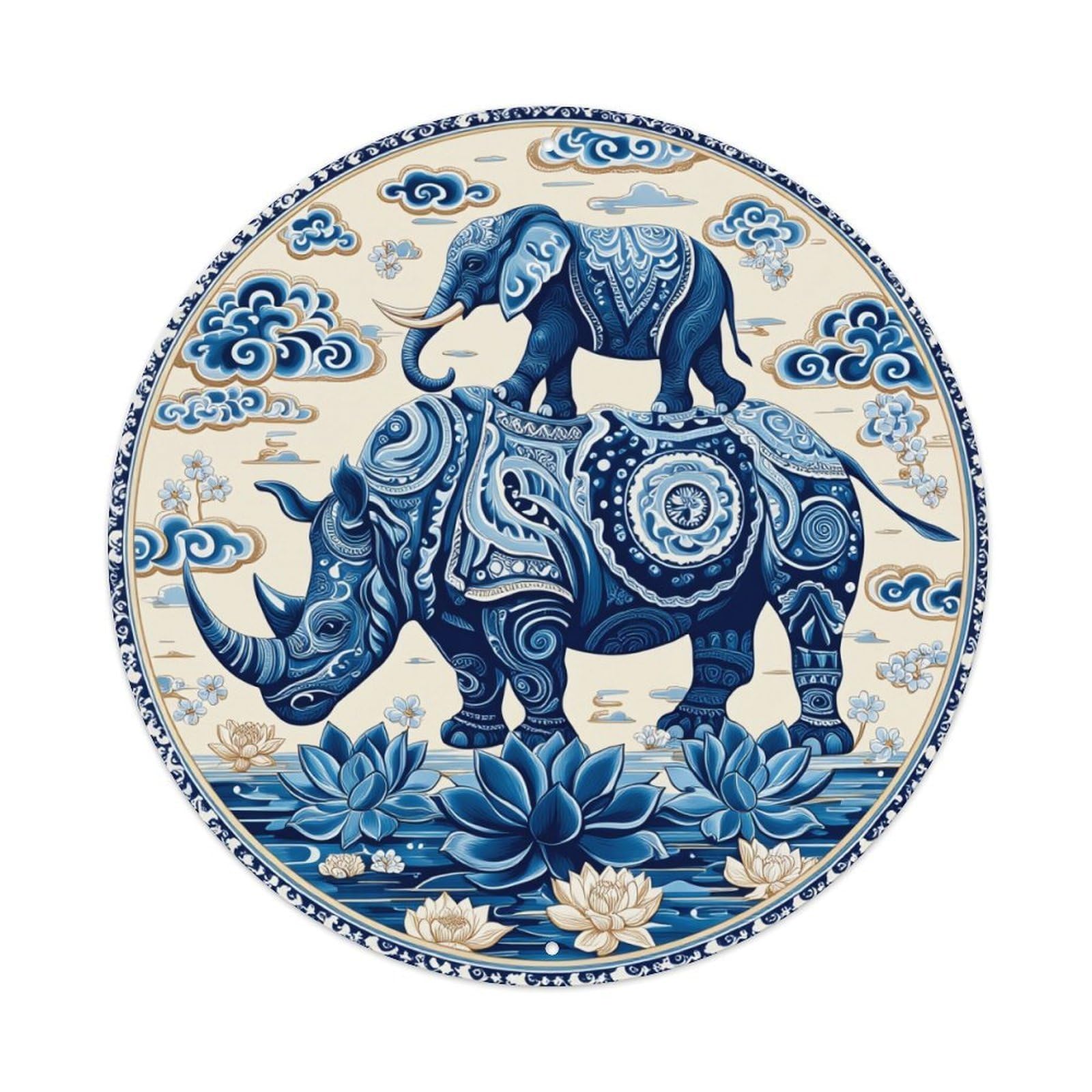 Blue Elephant Rhino Lotus Clouds Round Tin Sign Vintage Metal Poster, Home Bar Garage Man Cave Cafe Indoor & Outdoor Wall Decoration 8x8Inches