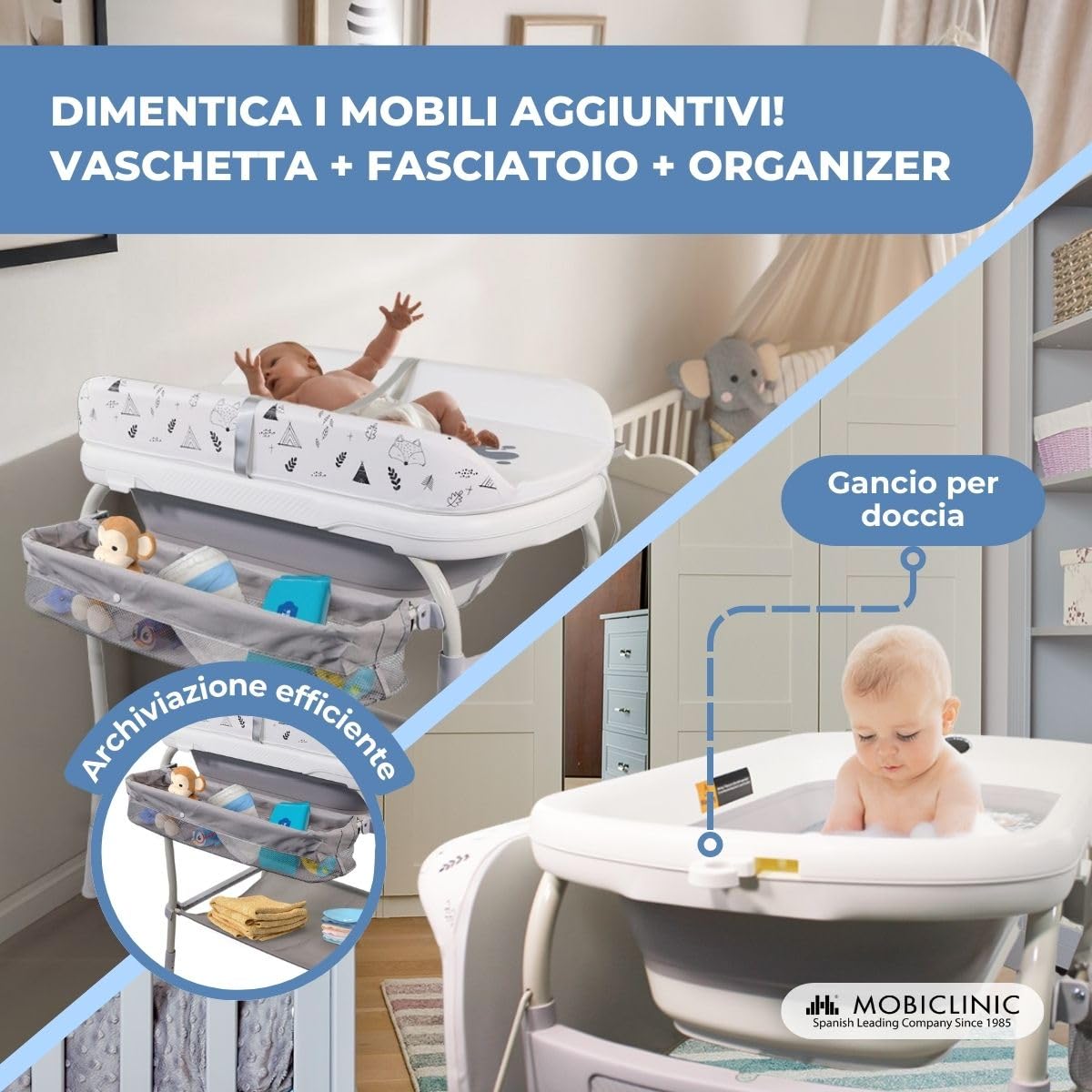 Mobiclinic® kids, Fasciatoio con vaschetta bagnetto 2 in 1, Trendy, Regolabile 4 altezze, Termometro, Ruote freno, Cestini portaoggetti, Fino a 50 kg, Tubo di drenaggio, 0-36 mesi