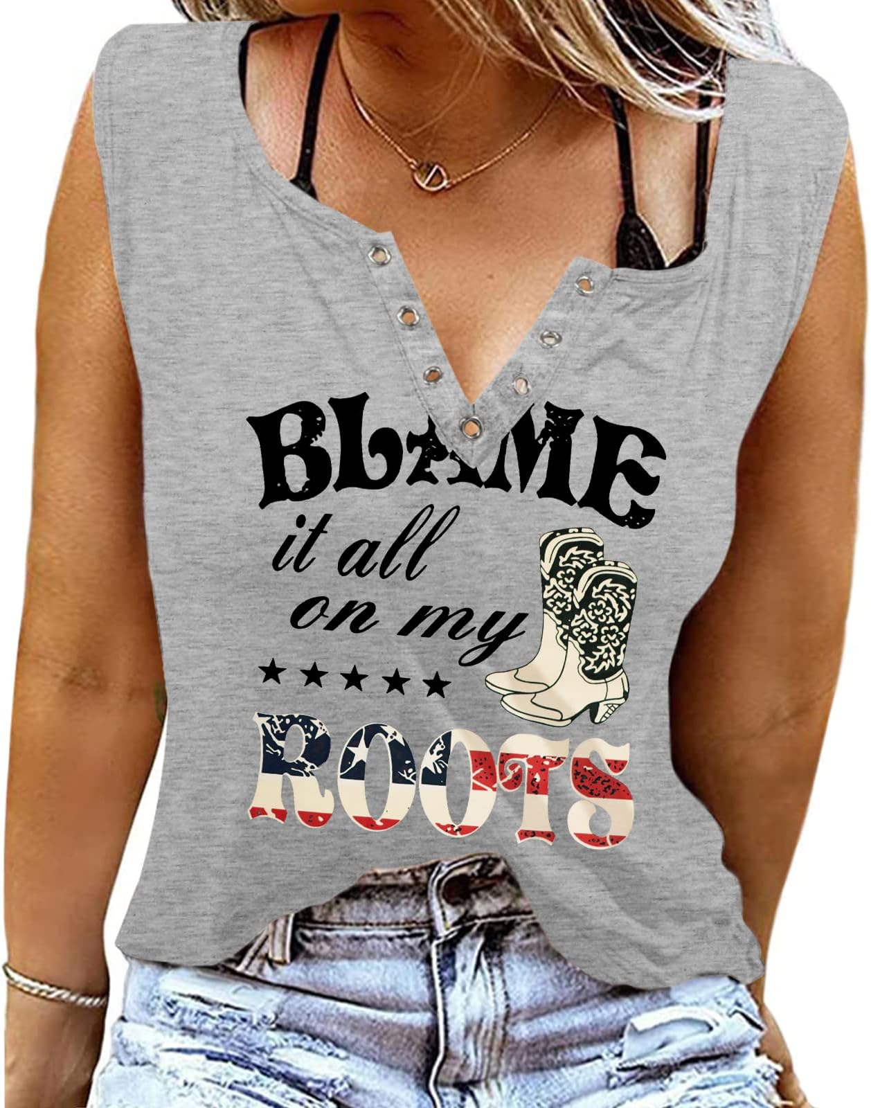 Anbech Women's Sleeveless V Neck Tank Tops Country Music Ring Hole Print T Shirt