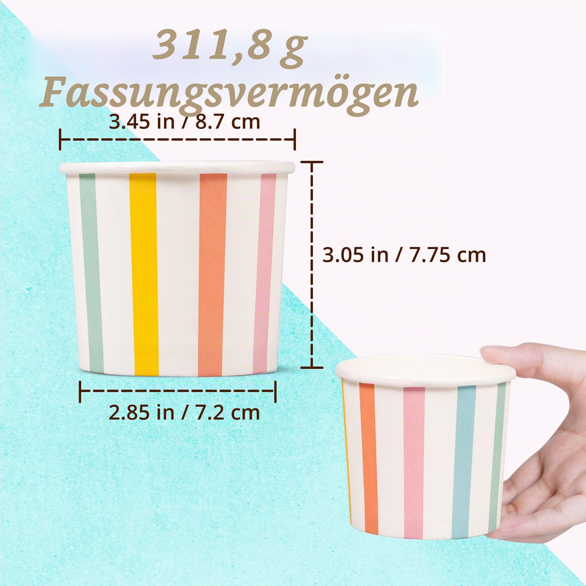 Papp-Eisbecher, 50 Stück, ca. 325 ml Einweg-Dessertschalen für heiße oder kalte Speisen, Partybecher für Eis, Frozen Yogurt, Suppe, Pastellstreifen